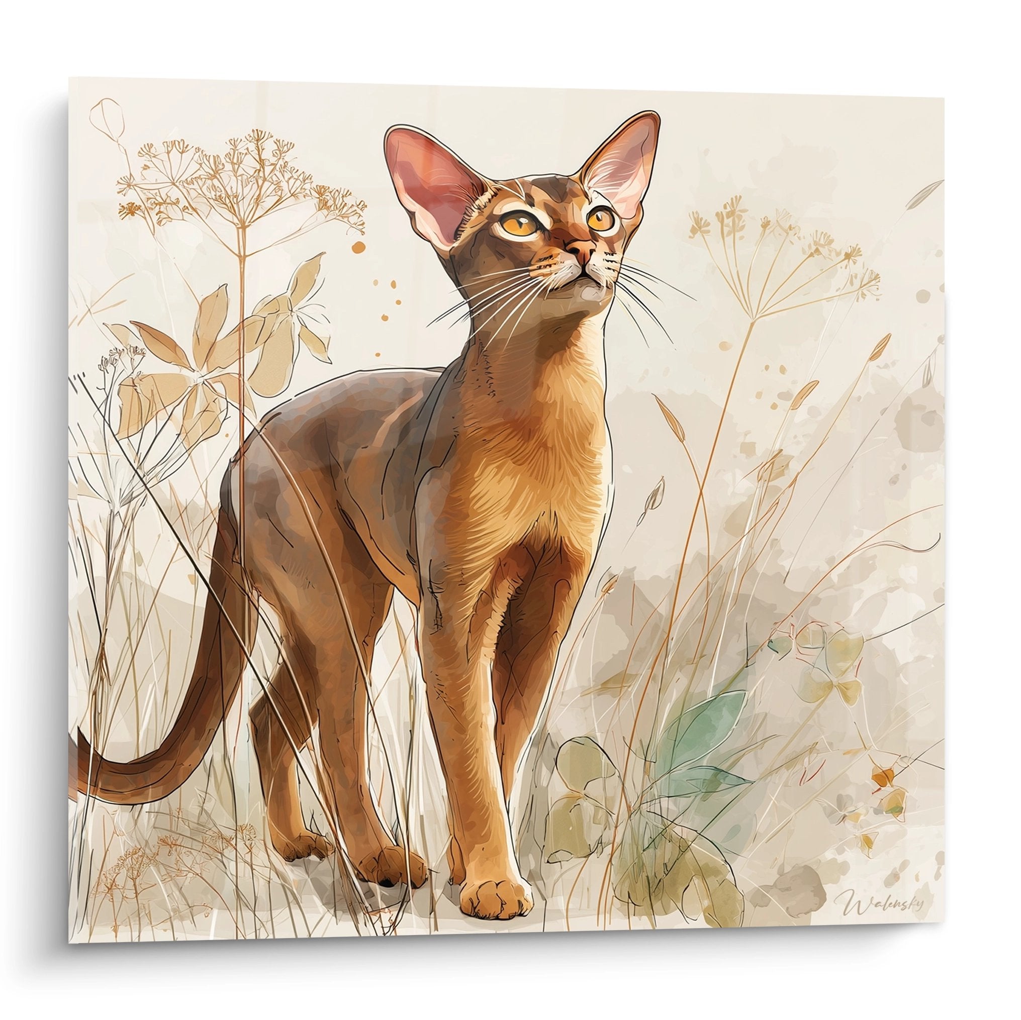 Quadro artistico di un gatto abissino rosso con occhi ambrati in piedi nell'erba selvatica, stile acquerello