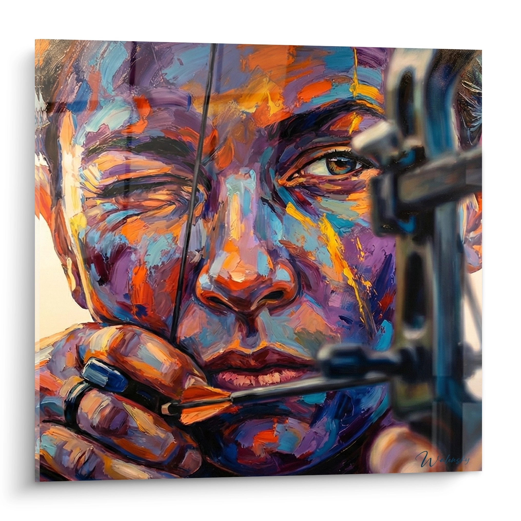 Tableau portrait archer concentré aux couleurs vives - Art mural tir à l'arc style moderne expressionniste