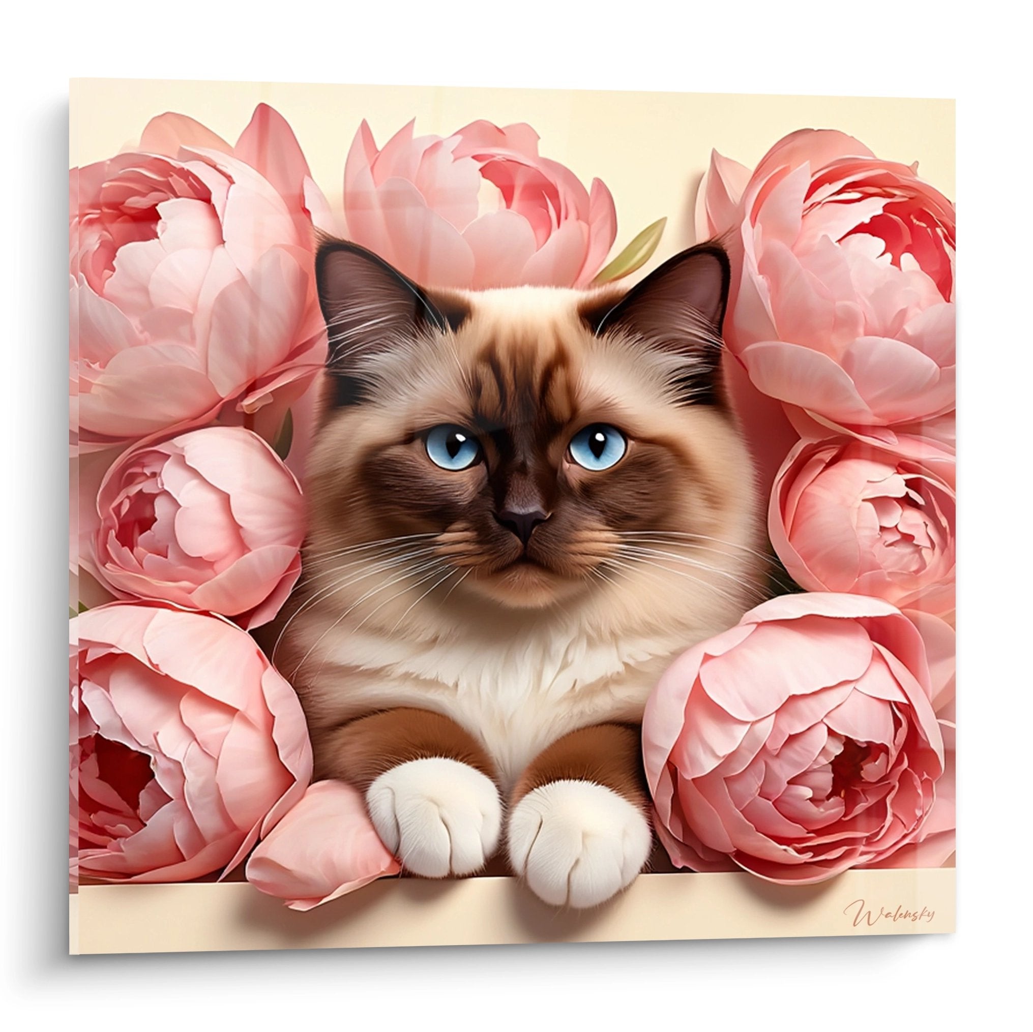 Birman cat wall art with blue eyes surrounded by large pink peonies on cream background, feline decorative art