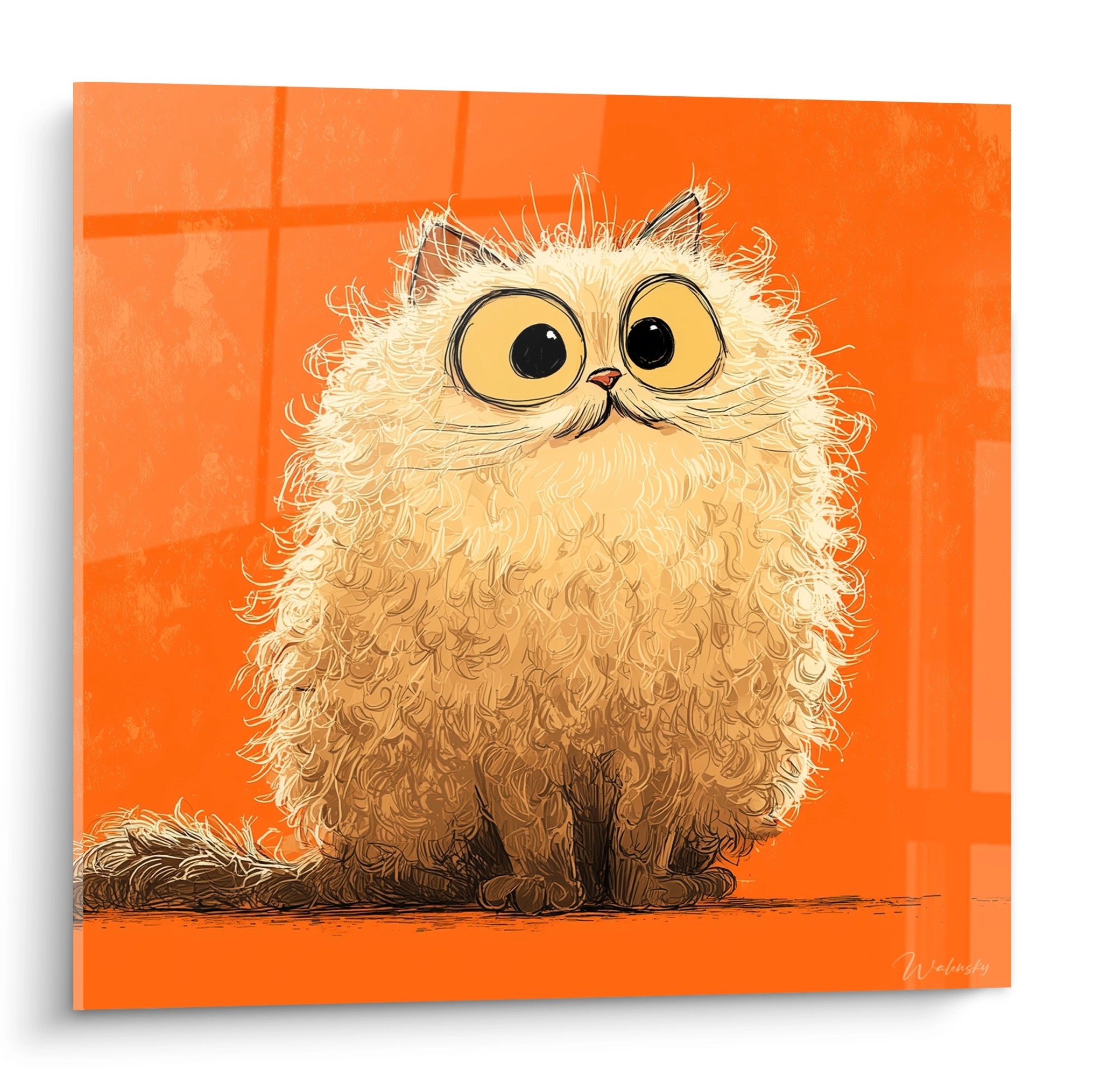 Tableau artistique chaton Selkirk Rex pelage boucle duveteux yeux dores fond orange vif art mural decoration