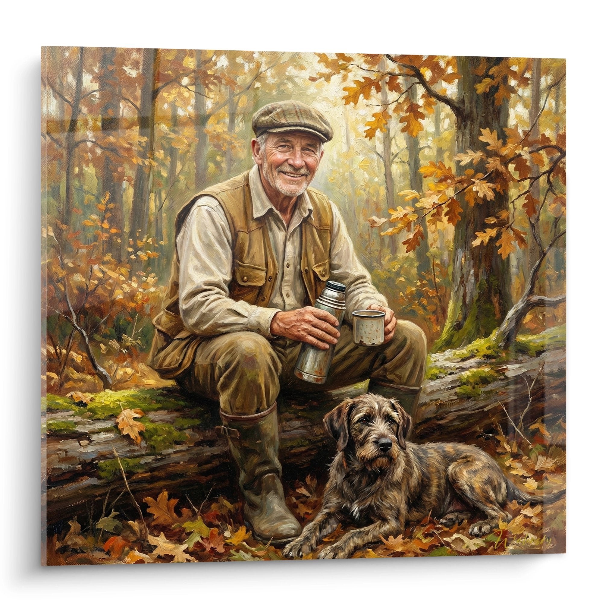 Tableau chasseur assis sur tronc avec chien de chasse en forêt automnale, thermos à la main, ambiance chaleureuse