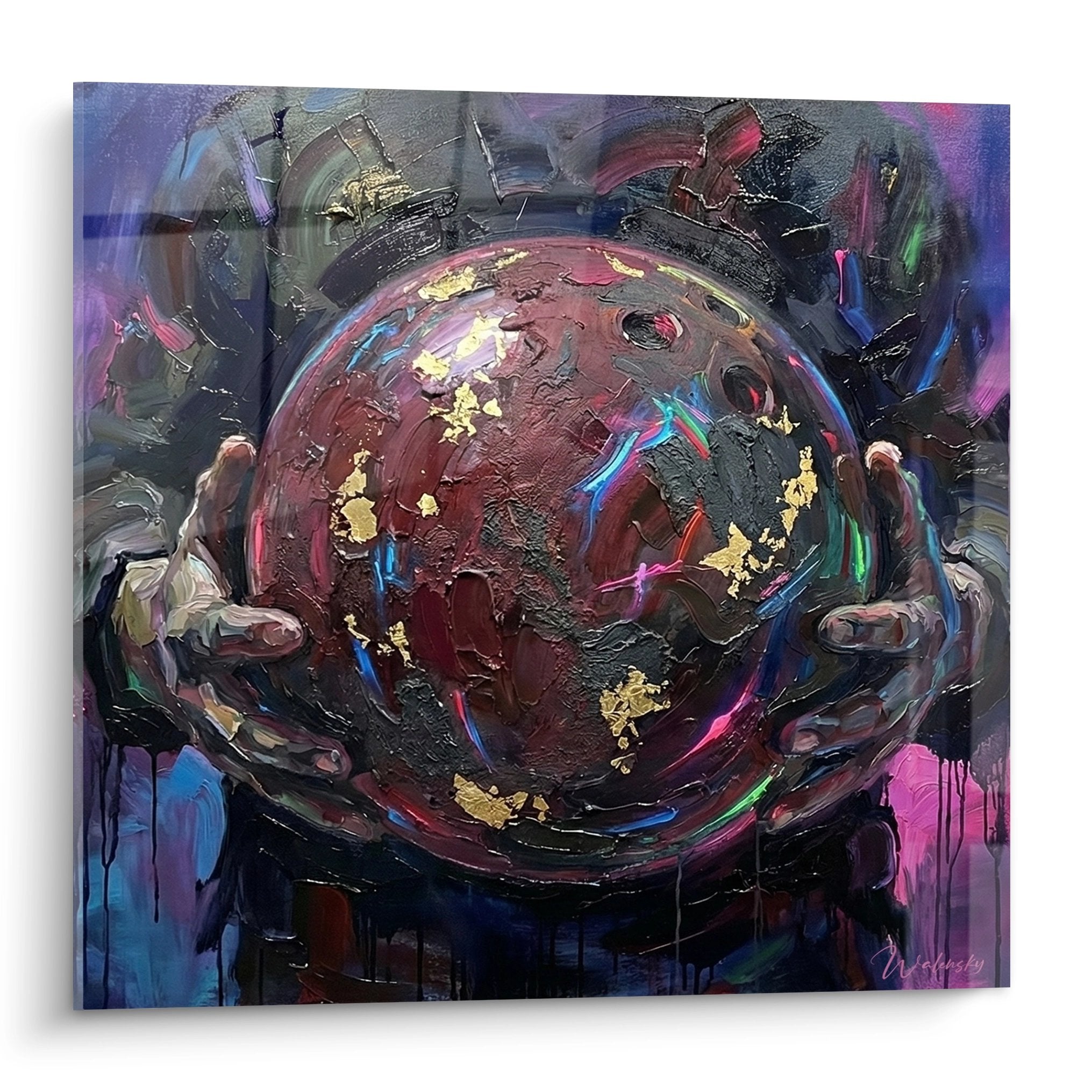 Modern abstract painting featuring a burgundy bowling ball with gold accents on a colorful background