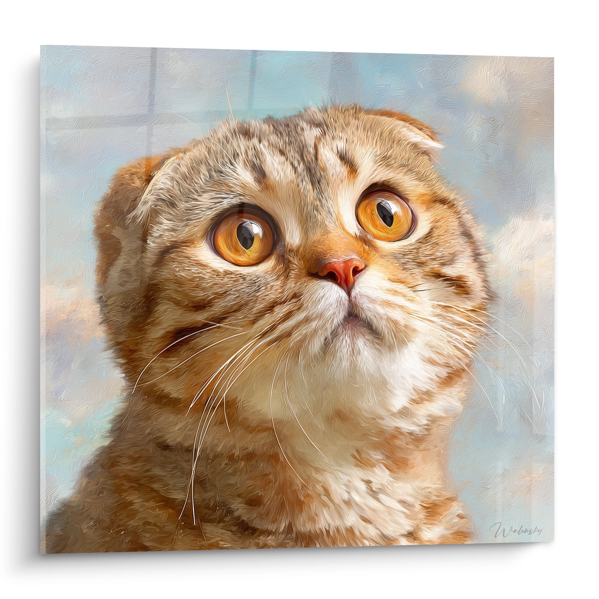 Artistic Scottish Fold cat painting with expressive golden eyes on cloudy blue background wall art