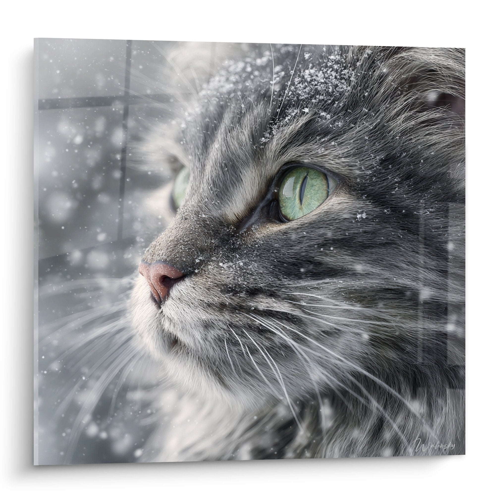 Künstlerisches Porträt einer American Bobtail Katze mit grünen Augen im Schnee, Wandgemälde Katzendekoration