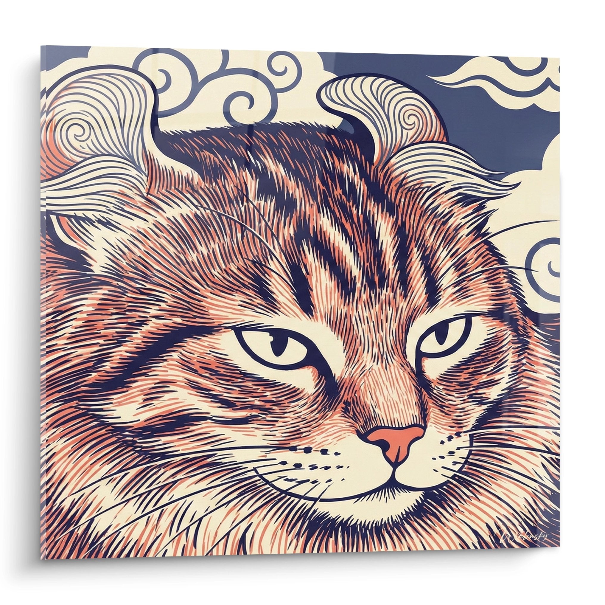 Tableau décoratif chat stylisé au regard perçant avec motifs ornementaux, style art graphique contemporain