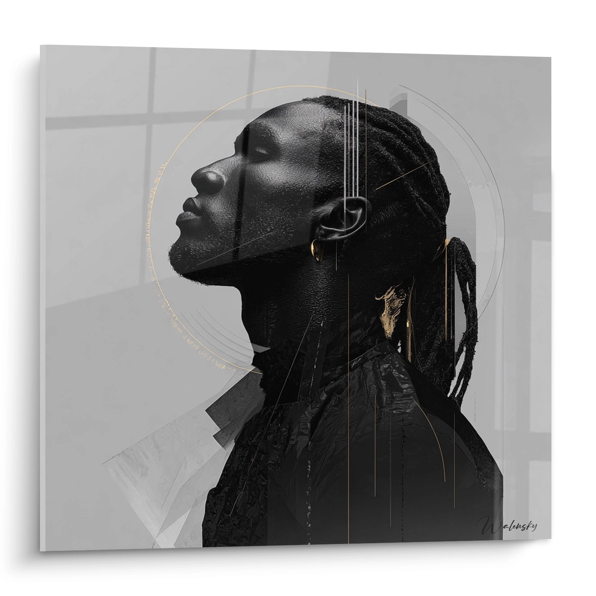 Ritratto di profilo di uomo africano con dreadlock e cerchi dorati su sfondo geometrico moderno