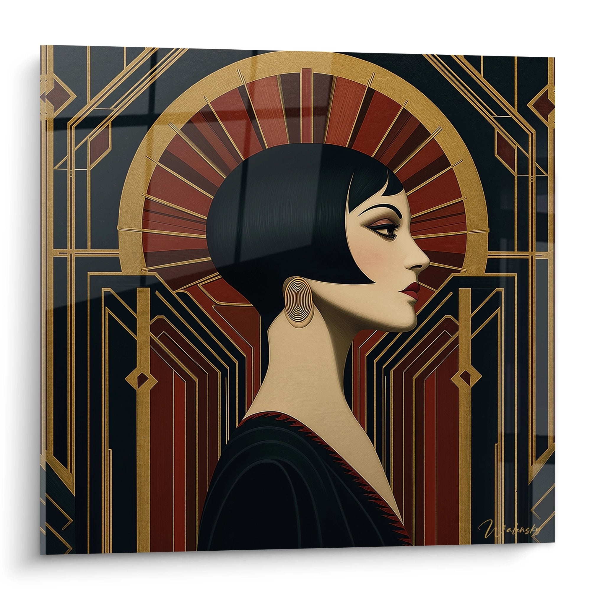 Quadro Art déco donna elegante con alone dorato e motivi geometrici, stile anni Venti per decorazione murale