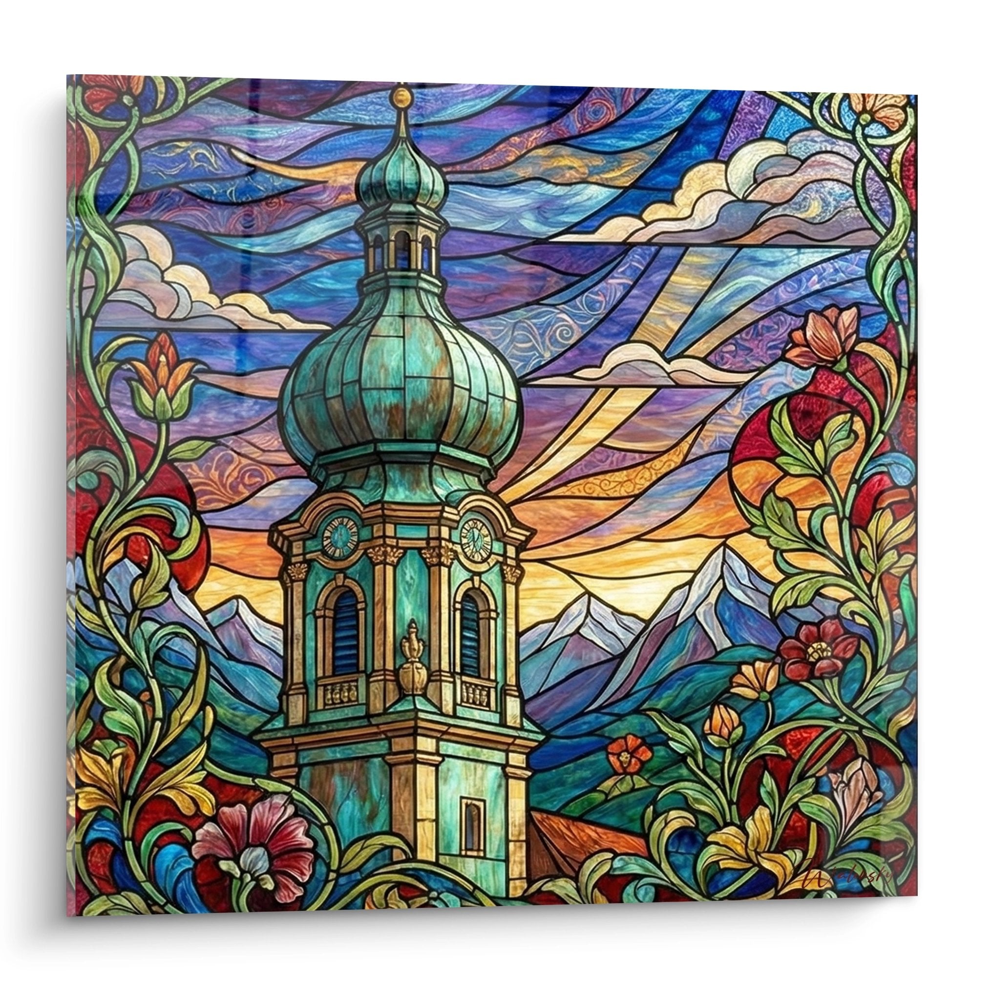 Quadro da parete in stile vetrata che raffigura chiesa alpina con cupola verde montagne e ornamenti floreali art nouveau