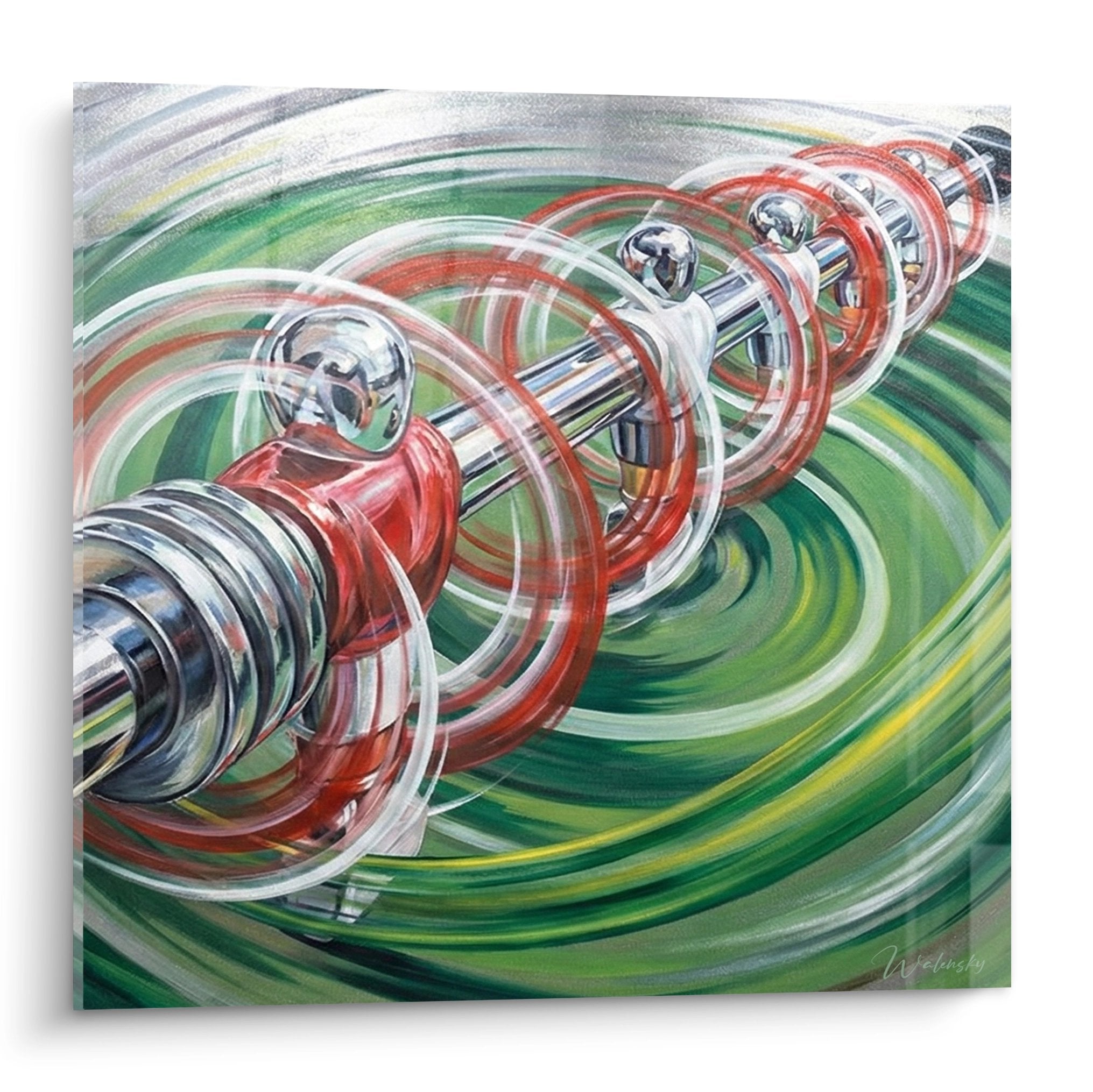 Quadro moderno che rappresenta giocatori di calciobalilla metallici in un turbine verde e rosso dinamico