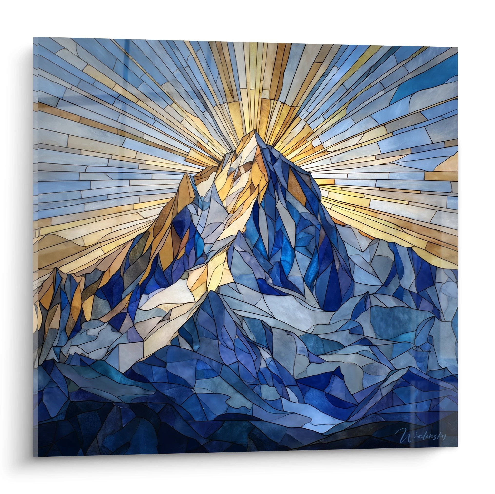 Mosaik-Bergtafel mit goldenen Strahlen, die von blauen und weißen Alpengipfeln im Bleiglasstil ausstrahlen
