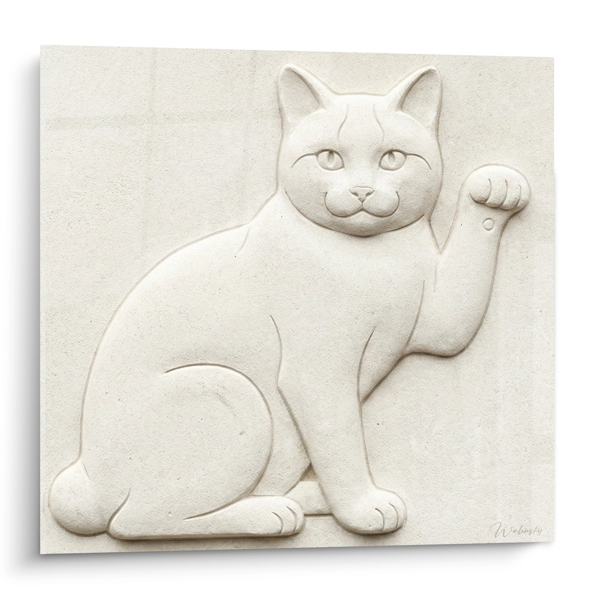 White Japanese Bobtail cat relief wall art raised paw minimalist sculptural style mural decor