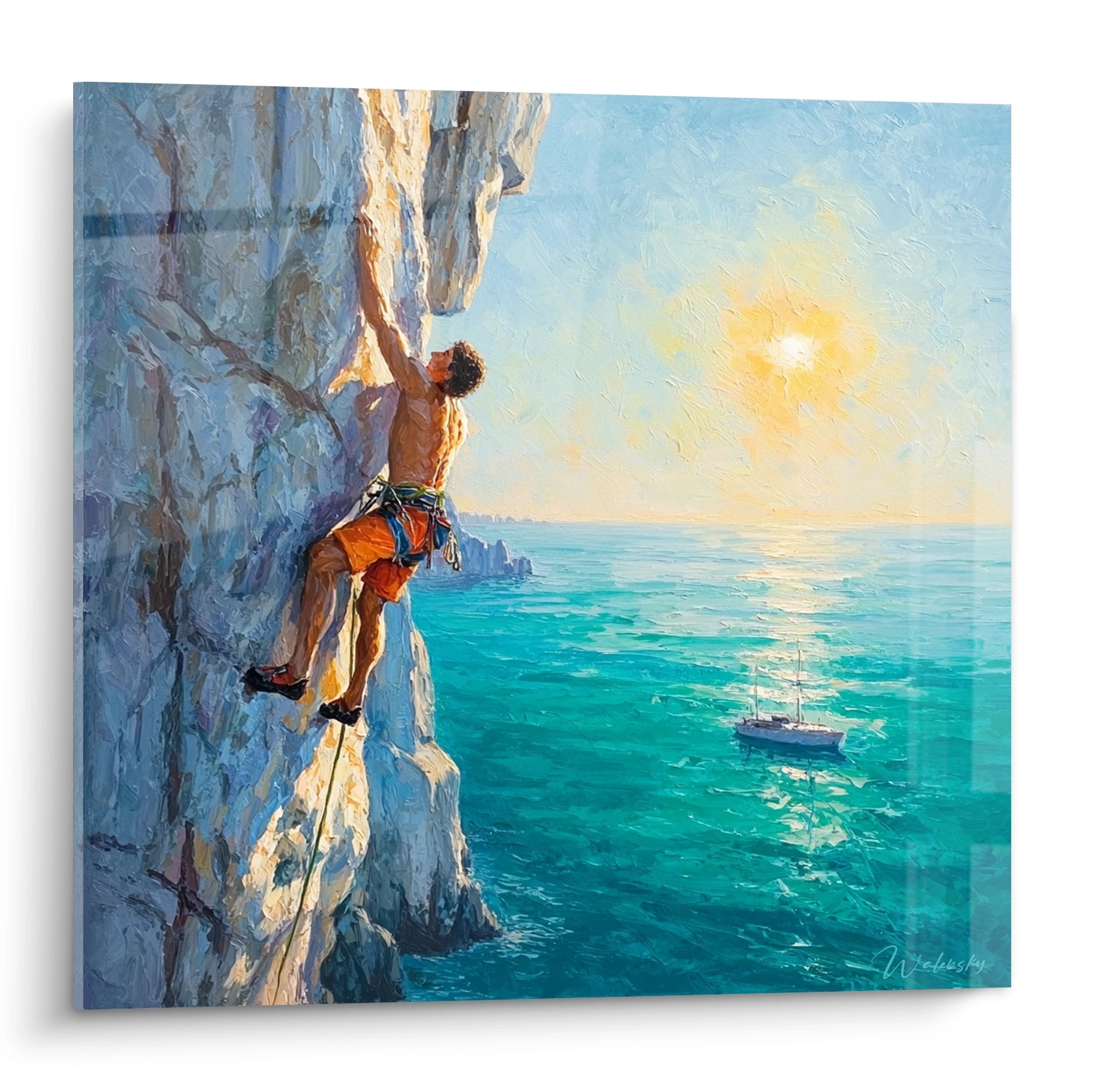 Rock climbing cliff seascape grimpeur sunset ocean turquoise wall art outdoor sport adventure