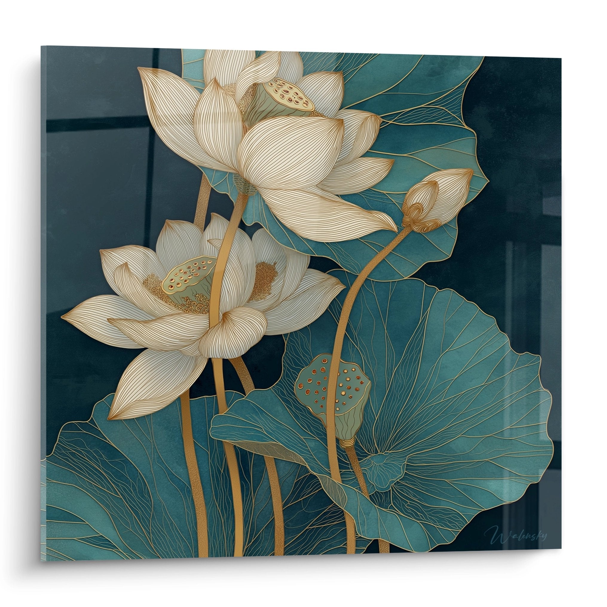 Tableau art deco fleurs de lotus dorees sur fond bleu canard avec feuilles nervurees decoration murale elegante