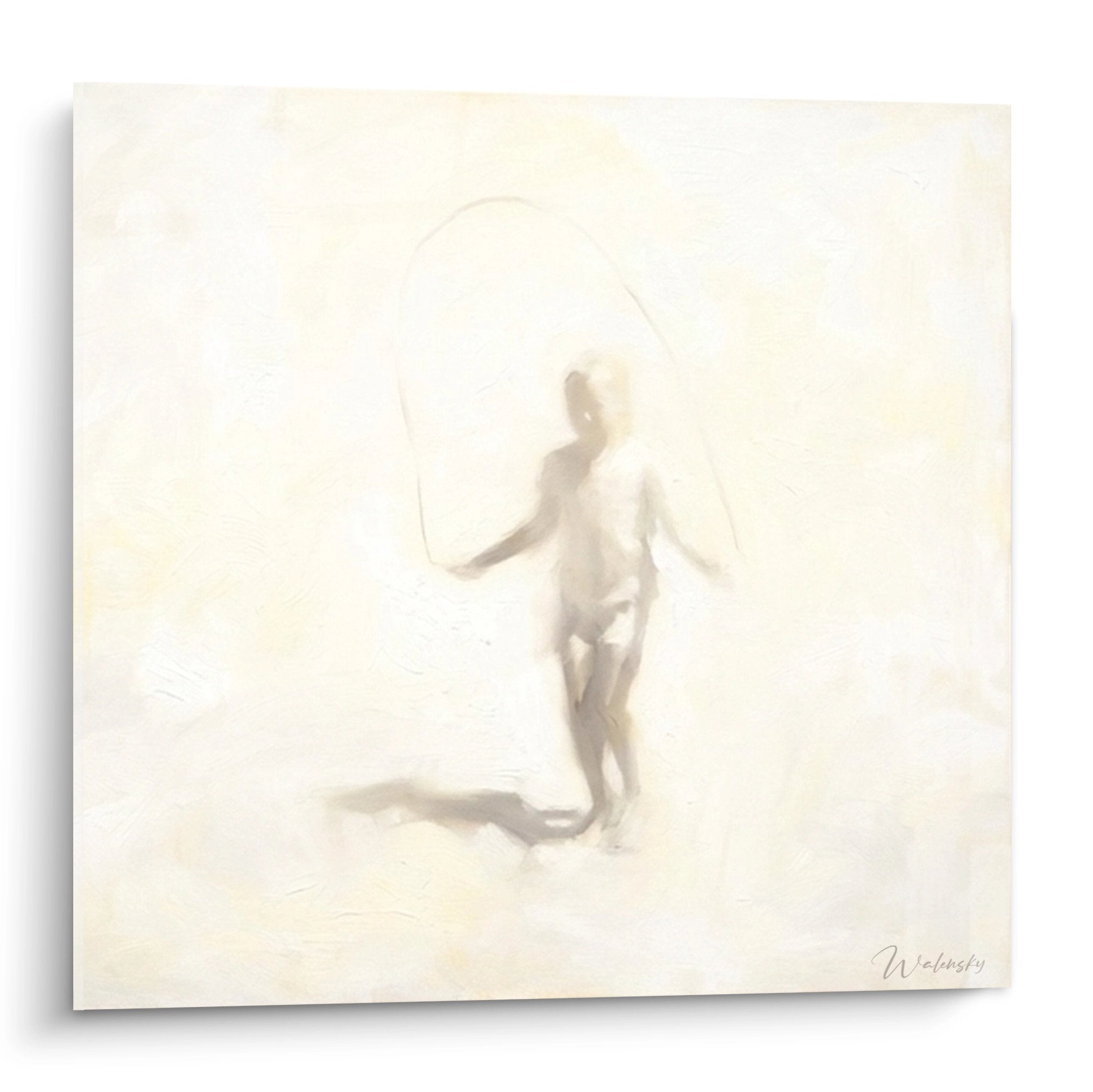 Modern artwork depicting a graceful female figure in beige and gold tones on a unified cream background