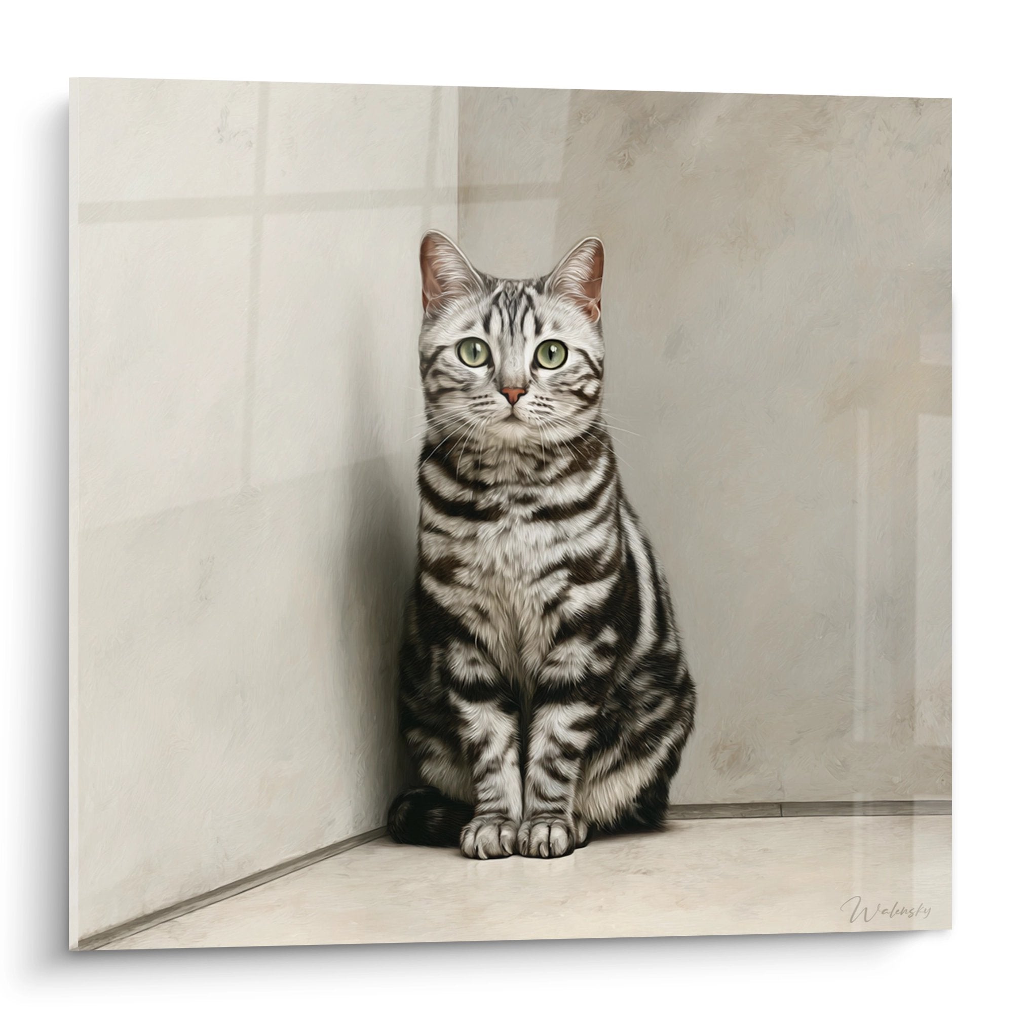 Tableau portrait chat American Shorthair tigre assis angle piece yeux verts decoration murale feline
