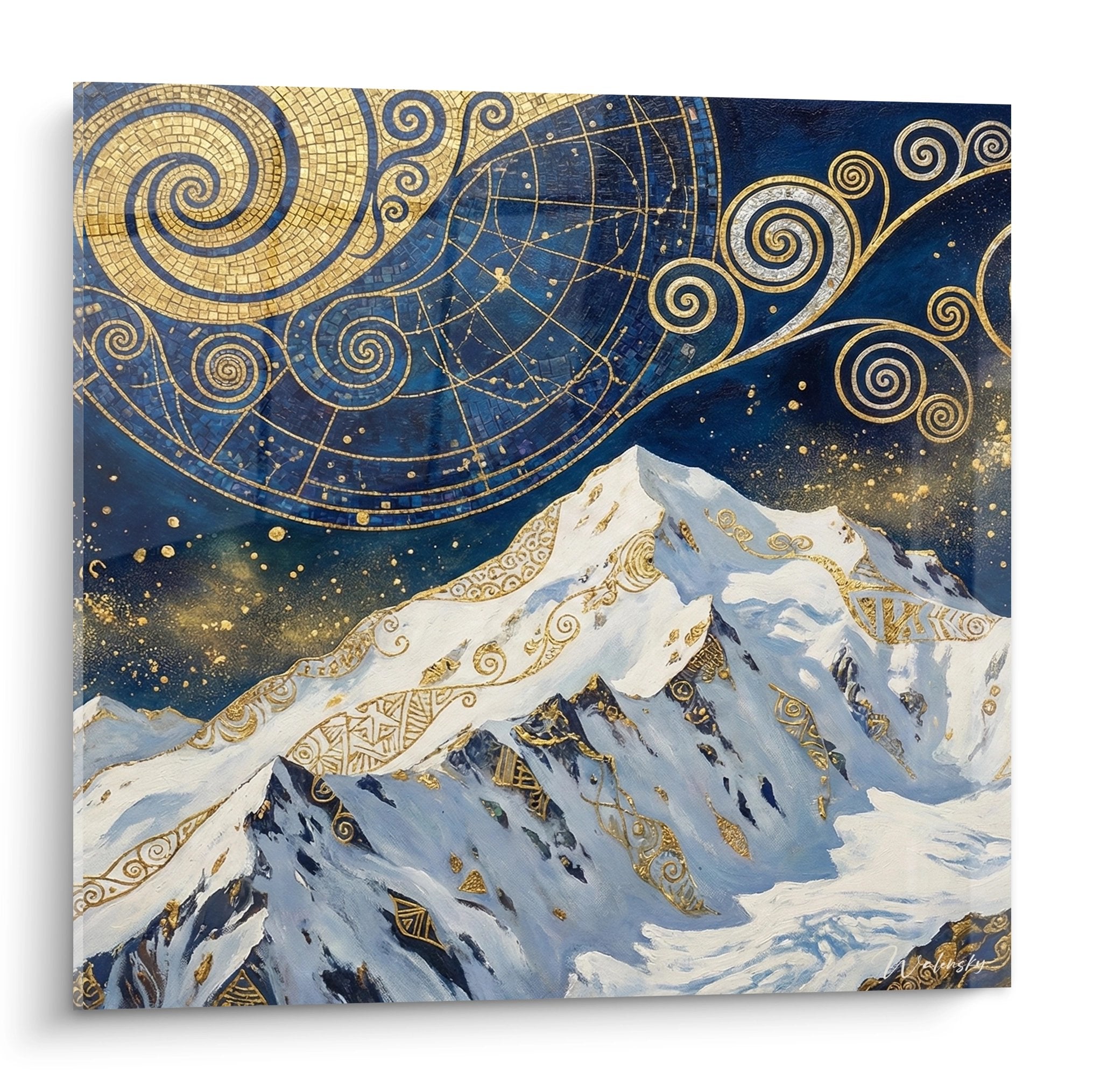 Quadro Monte Bianco stile Art Deco con ornamenti dorati e cielo stellato blu navy, decorazione murale elegante