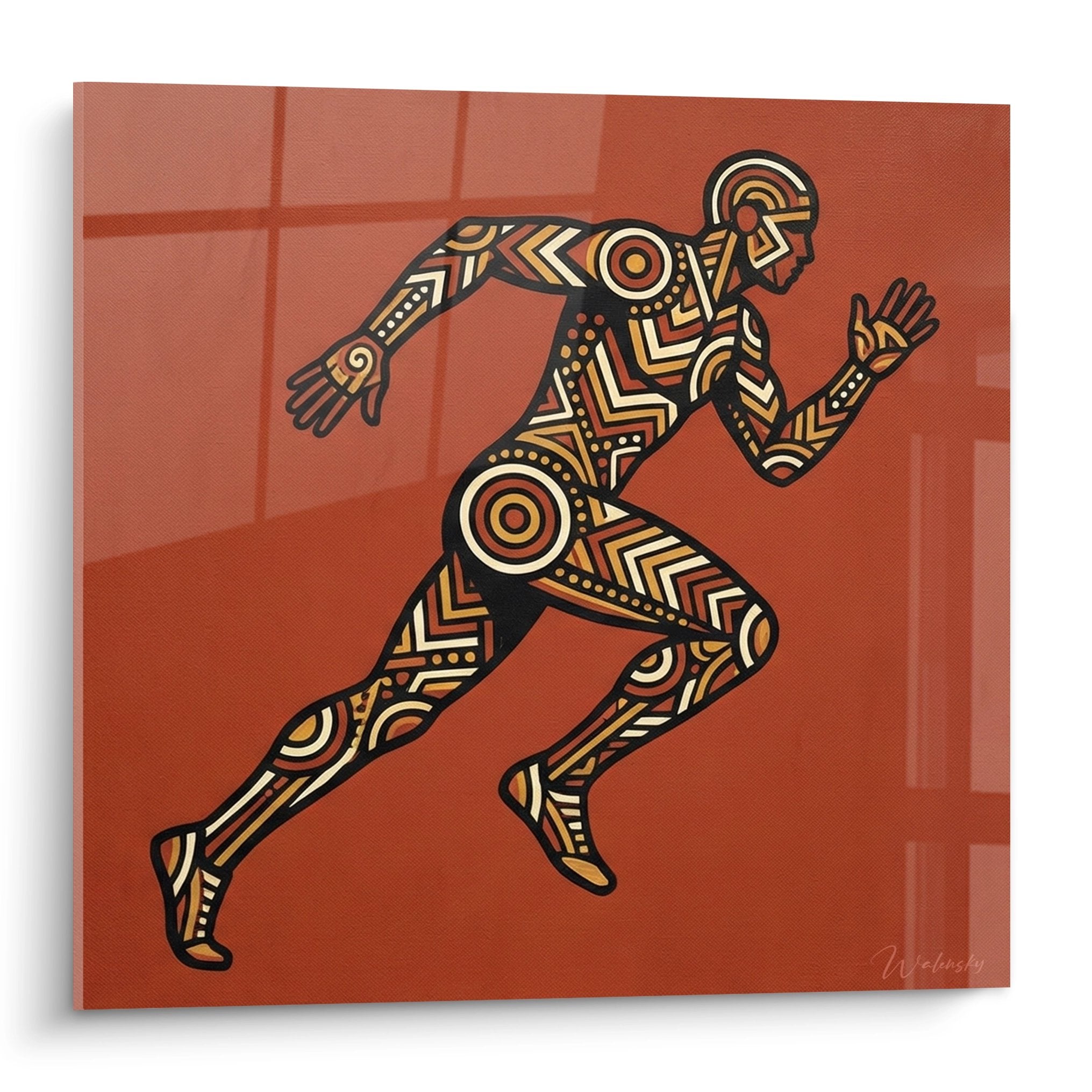 Quadro corridore stilizzato arte aborigena motivi tribali ocra rosso geometrici running decorazione murale