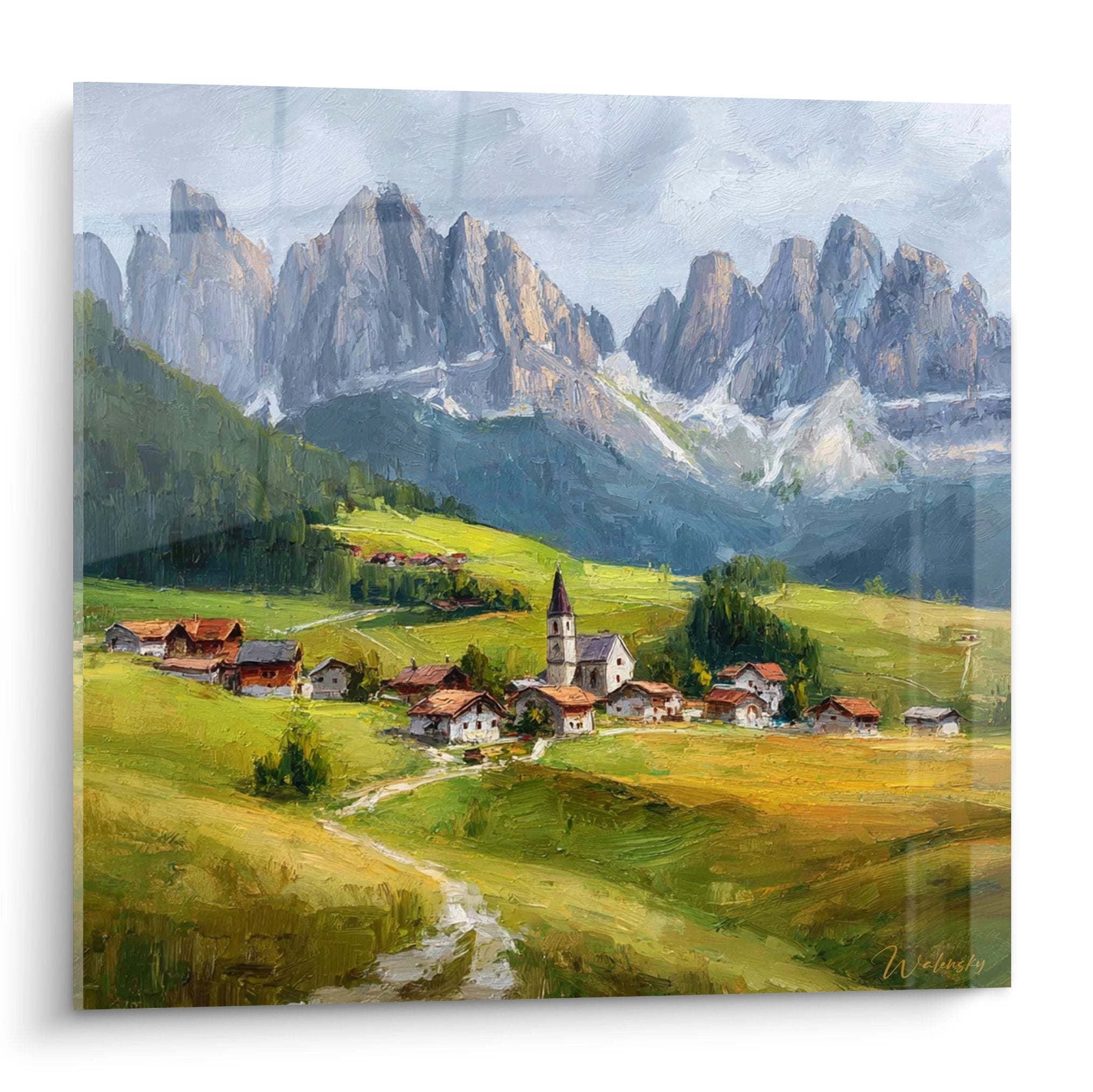 Quadro dipinto villaggio alpino nella valle delle Dolomiti con chiesa e montagne rocciose sullo sfondo