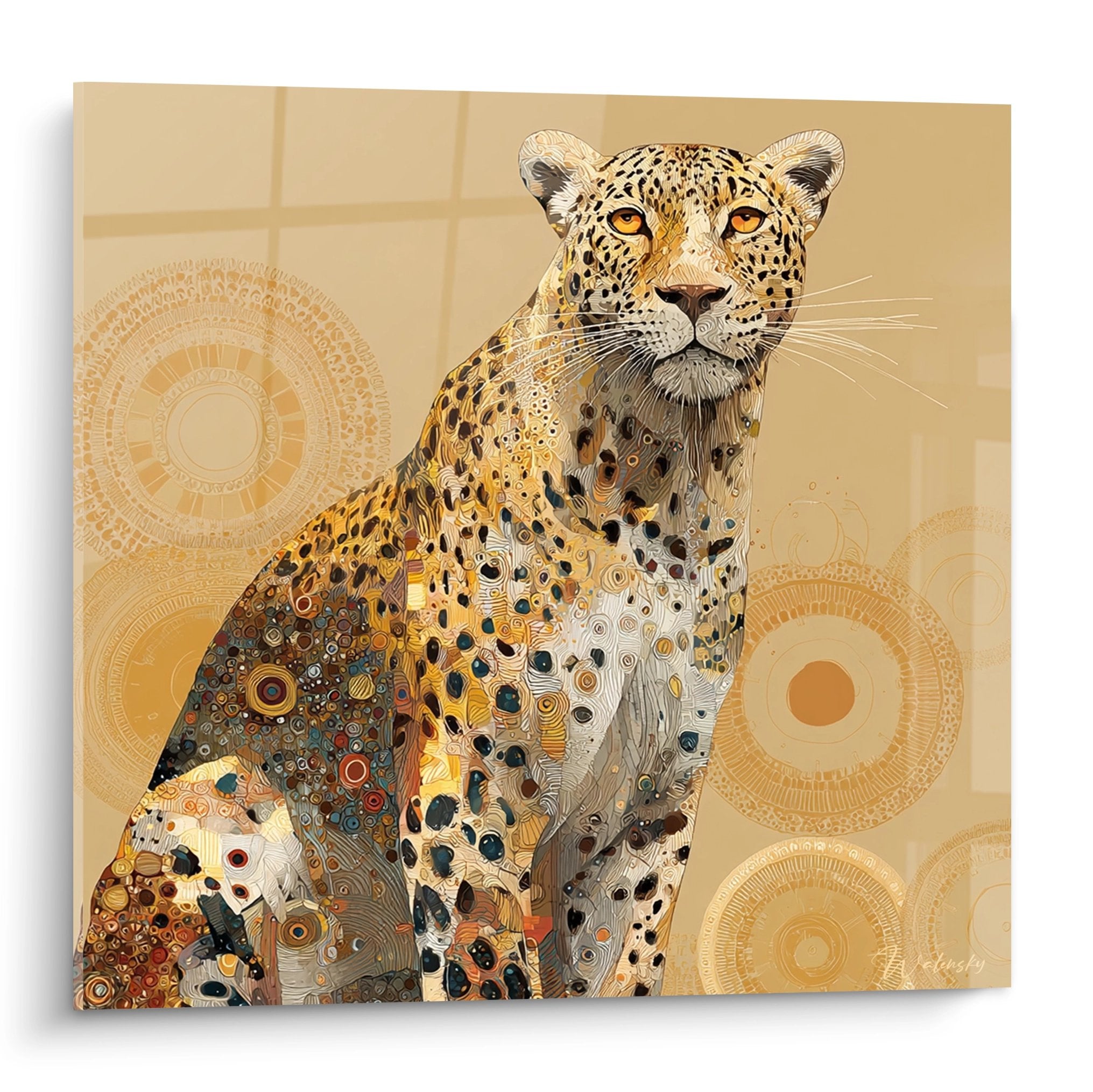 Quadro decorativo leopardo dorato con motivi ornamentali africani su sfondo beige