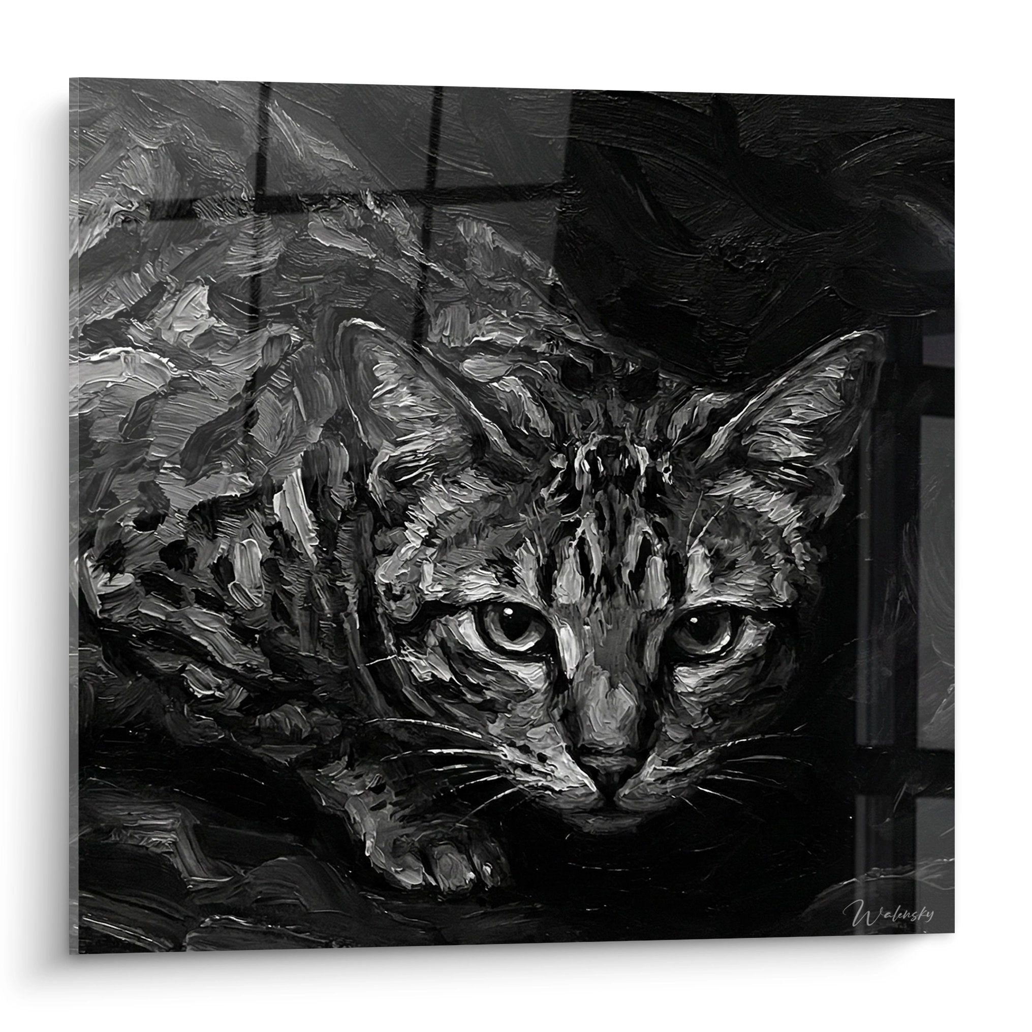 Portrait artistique d'un chat Ocicat en noir et blanc, style pictural avec empâtements, regard intense et expressif