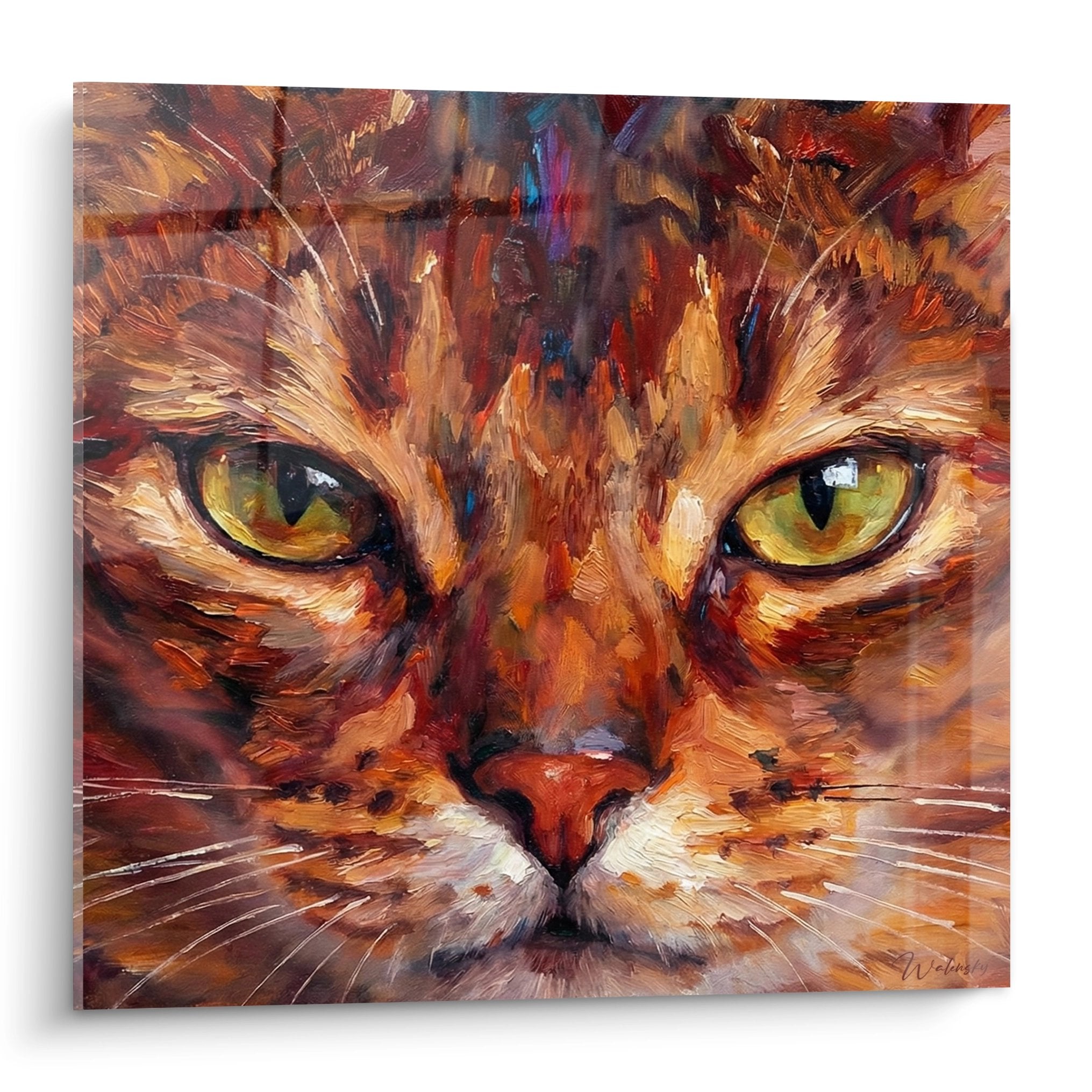 Quadro ritratto gatto rosso con occhi verdi penetranti, pittura espressiva stile contemporaneo decorazione murale felina