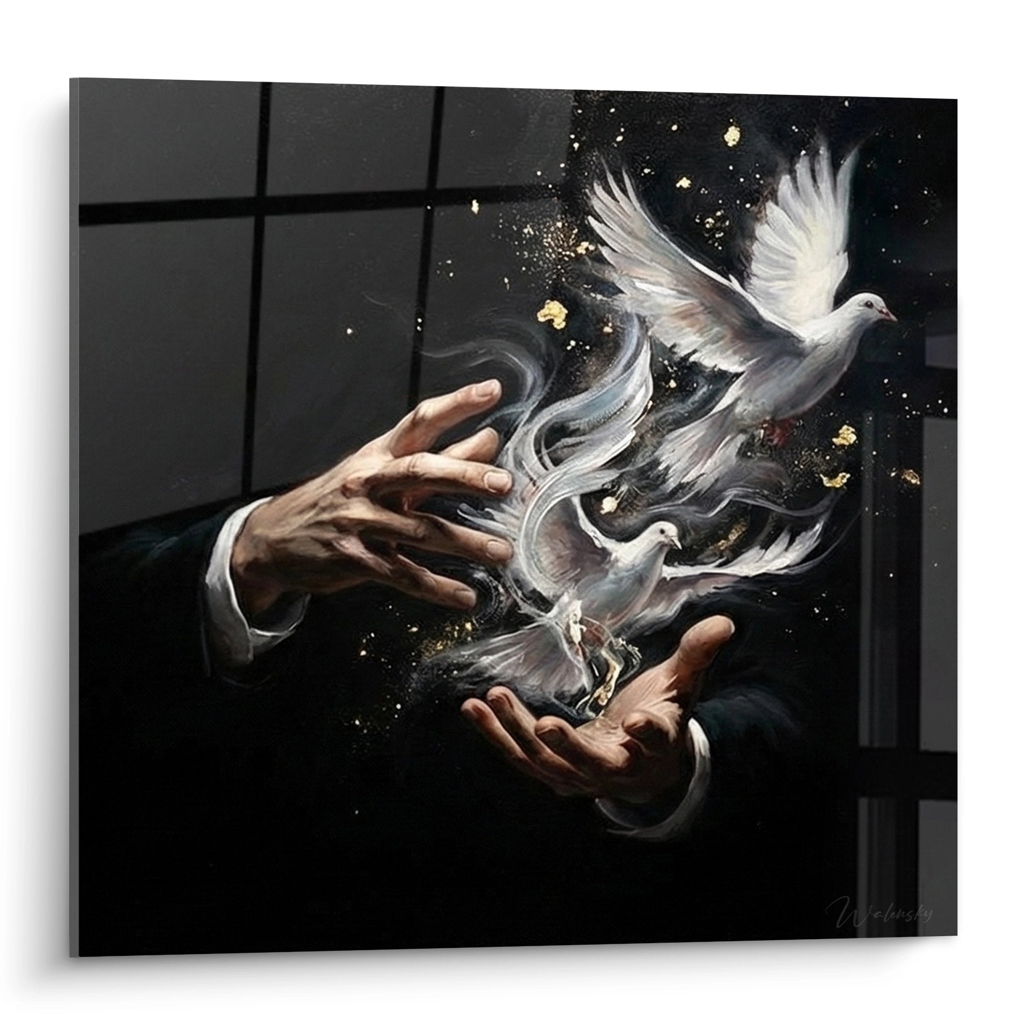 Tableau artistique montrant une colombe blanche s'envolant des mains d'un magicien dans un nuage doré mystique