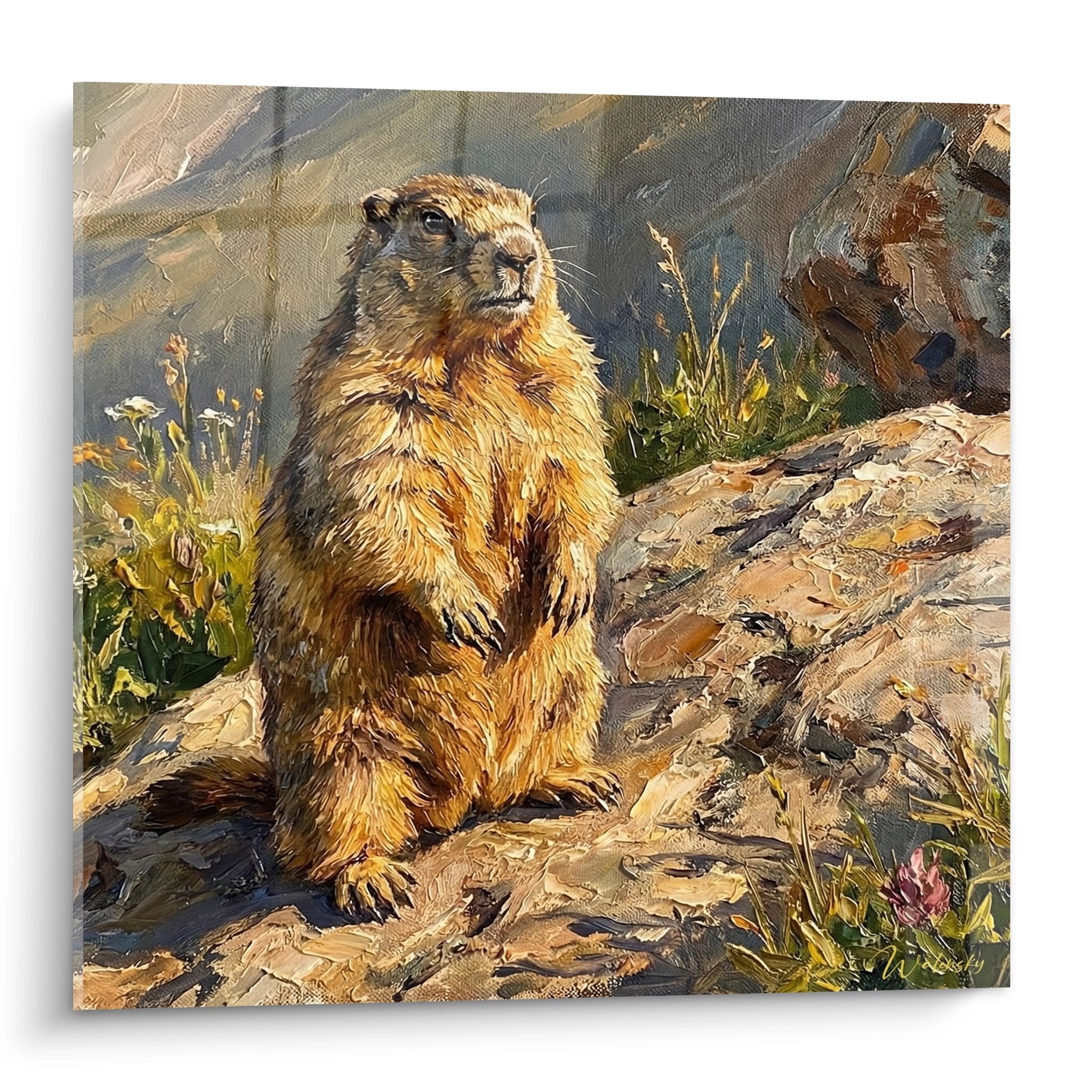 Gemälde realistische Alpenmurmeltier aufrecht auf Bergfelsen mit alpiner Vegetation