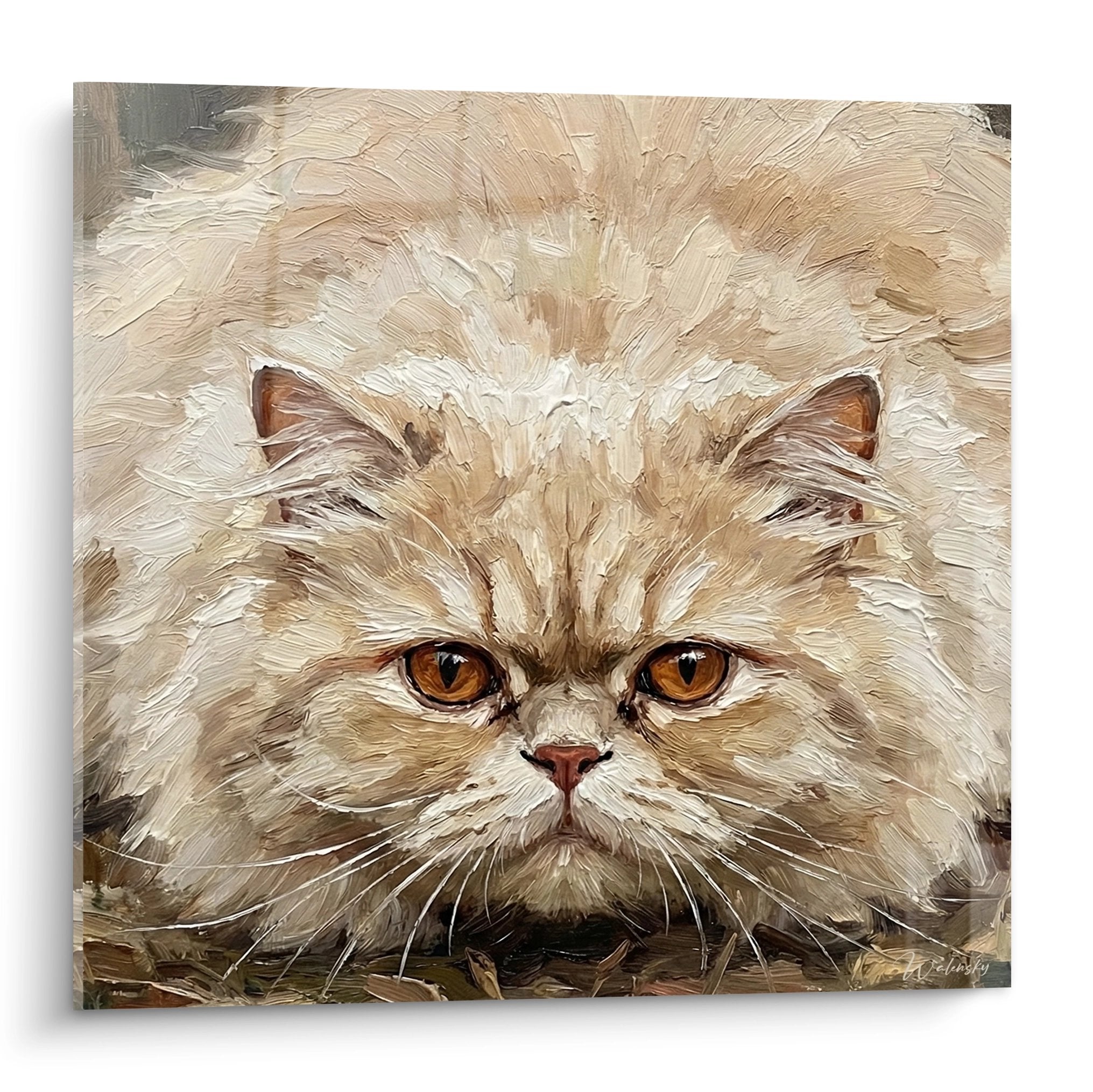 Tableau portrait chat Persan aux yeux ambrés peint style impressionniste, pelage beige et crème