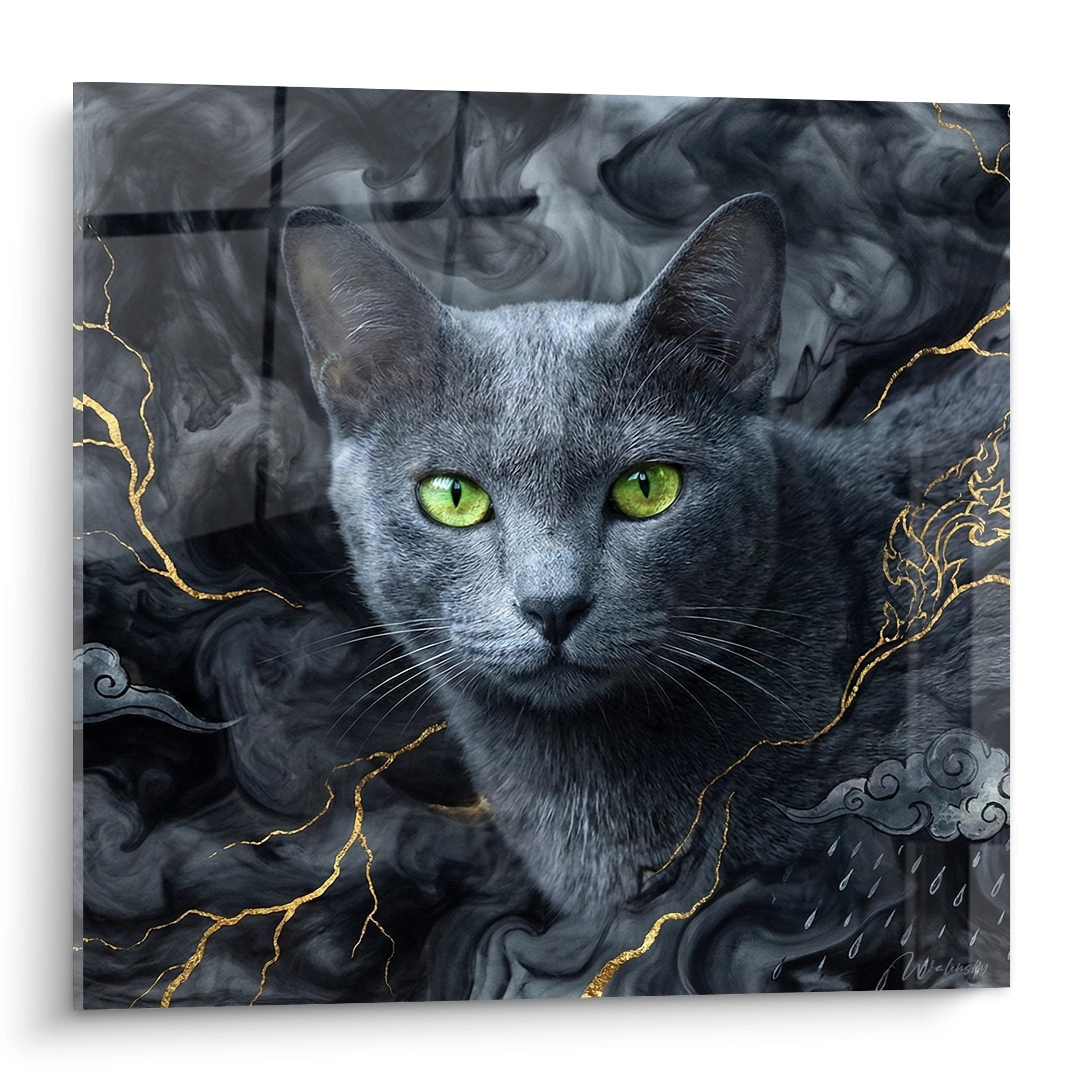Tableau art mural chat Korat gris aux yeux verts dans tempête dorée, décoration féline mystique intérieur