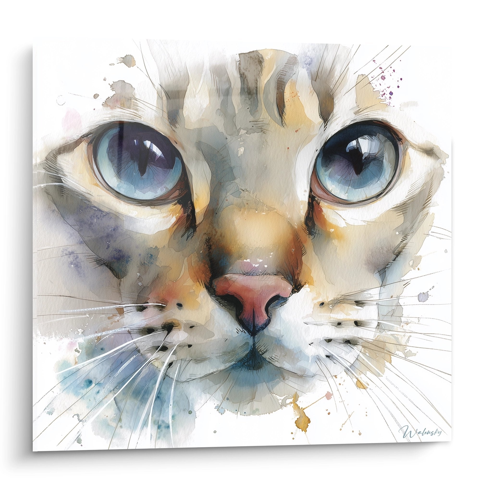Tableau aquarelle chat aux yeux bleus perçants, portrait félin artistique style moderne pour décoration murale