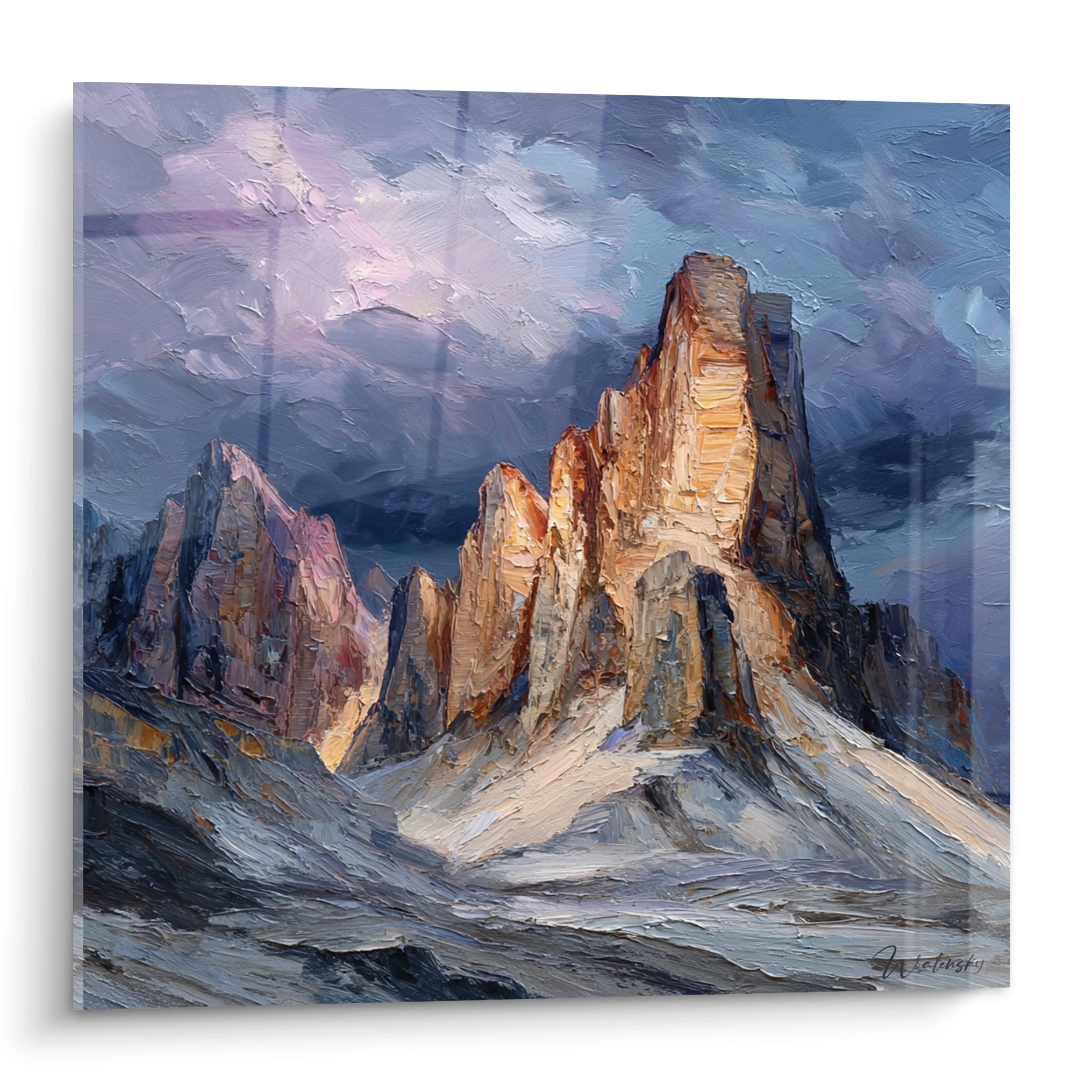Quadro dipinto Tre Cime Lavaredo Dolomiti alpenglow dorato luce montagna neve arte murale