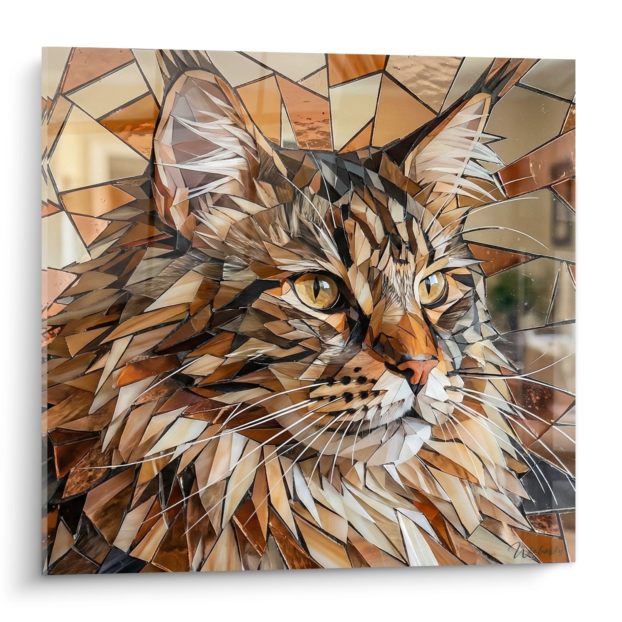 Wandbild Maine Coon Katze im geometrischen Mosaikstil mit Gold- und Kupfertönen und durchdringenden bernsteinfarbenen Augen