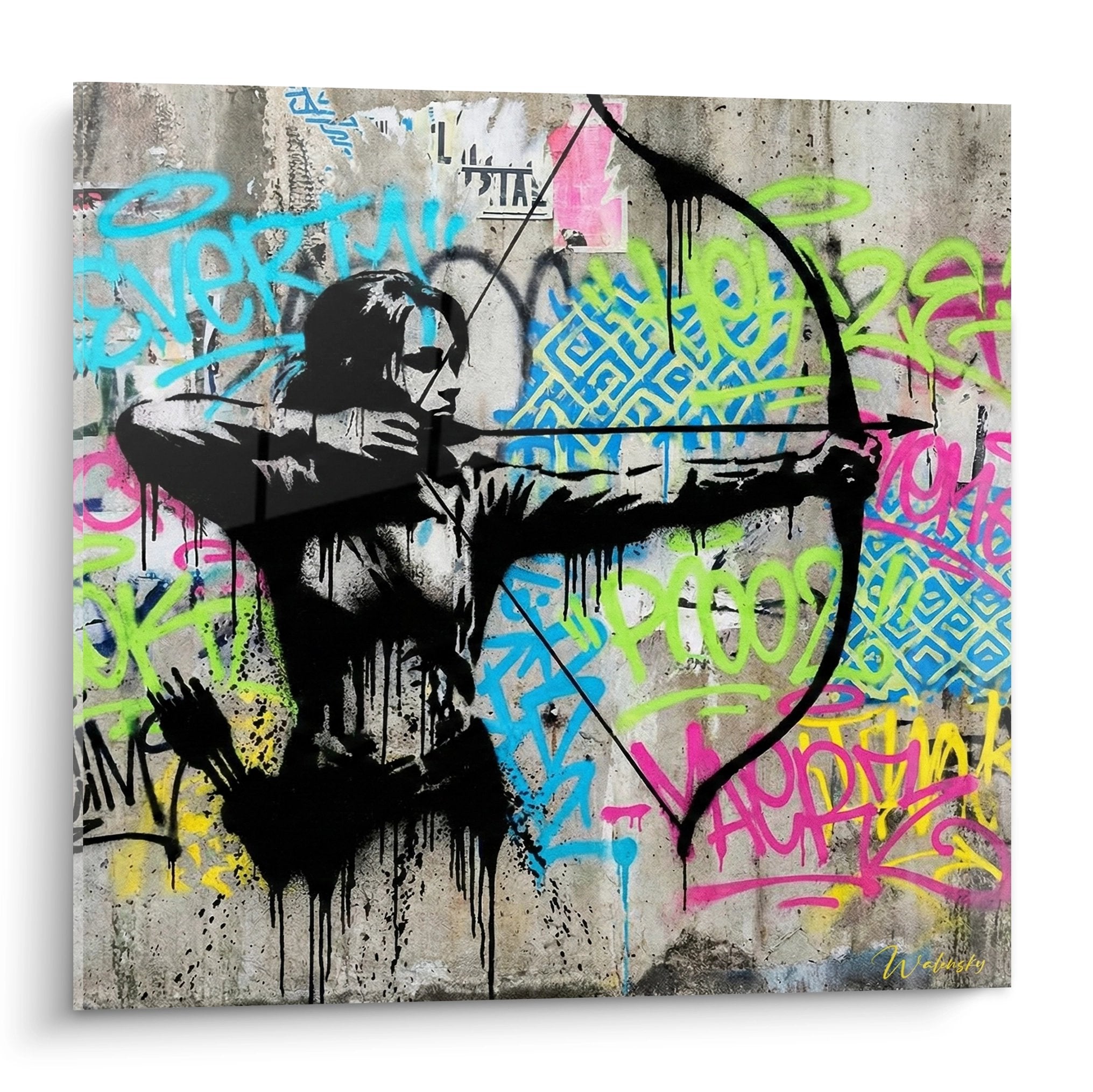 Tableau street art archer urbain avec graffitis colorés sur fond gris - Edition tir à l'arc moderne