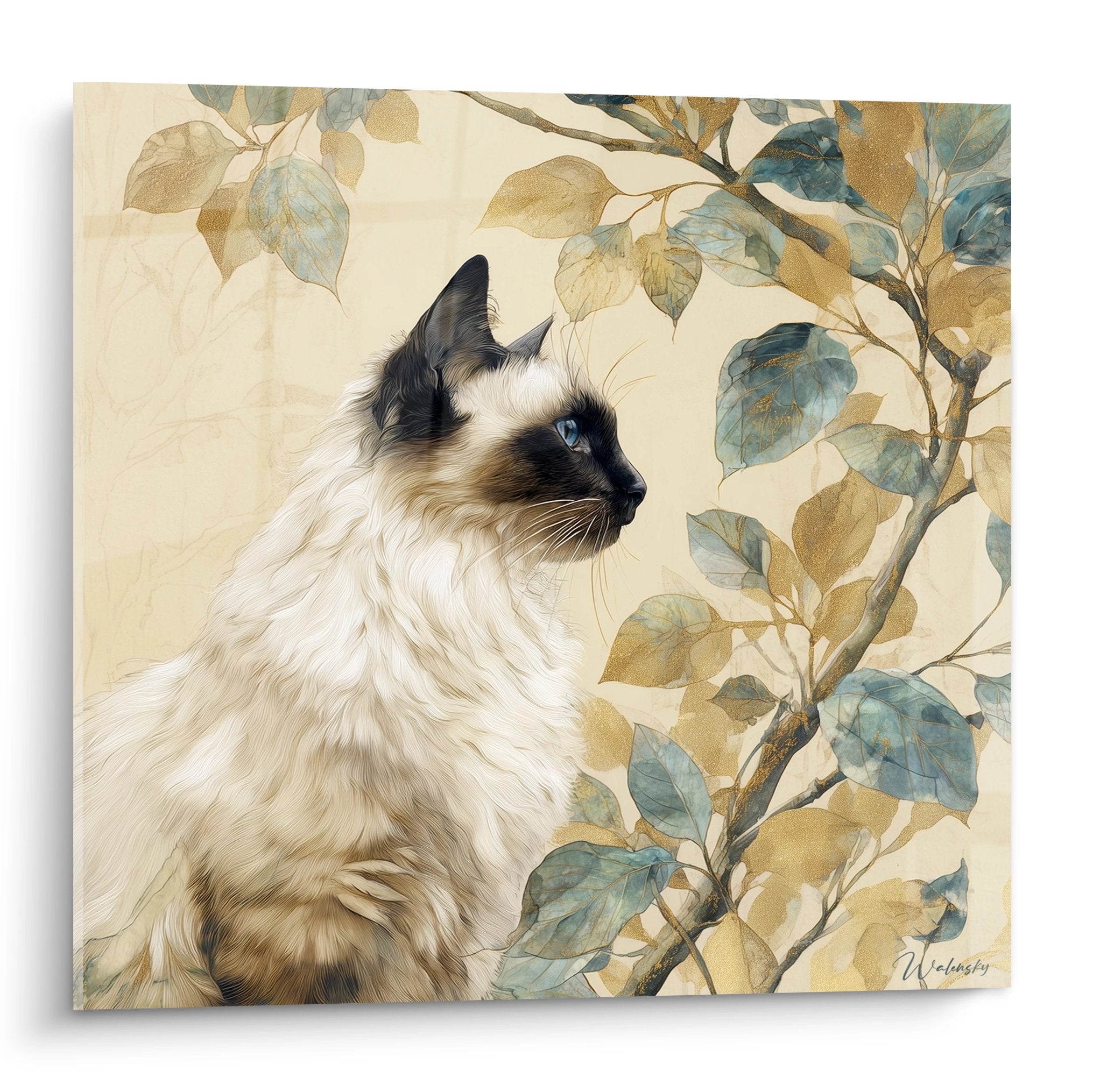 Birman cat painting with blue eyes and leafy branches in gold and teal tones on cream background