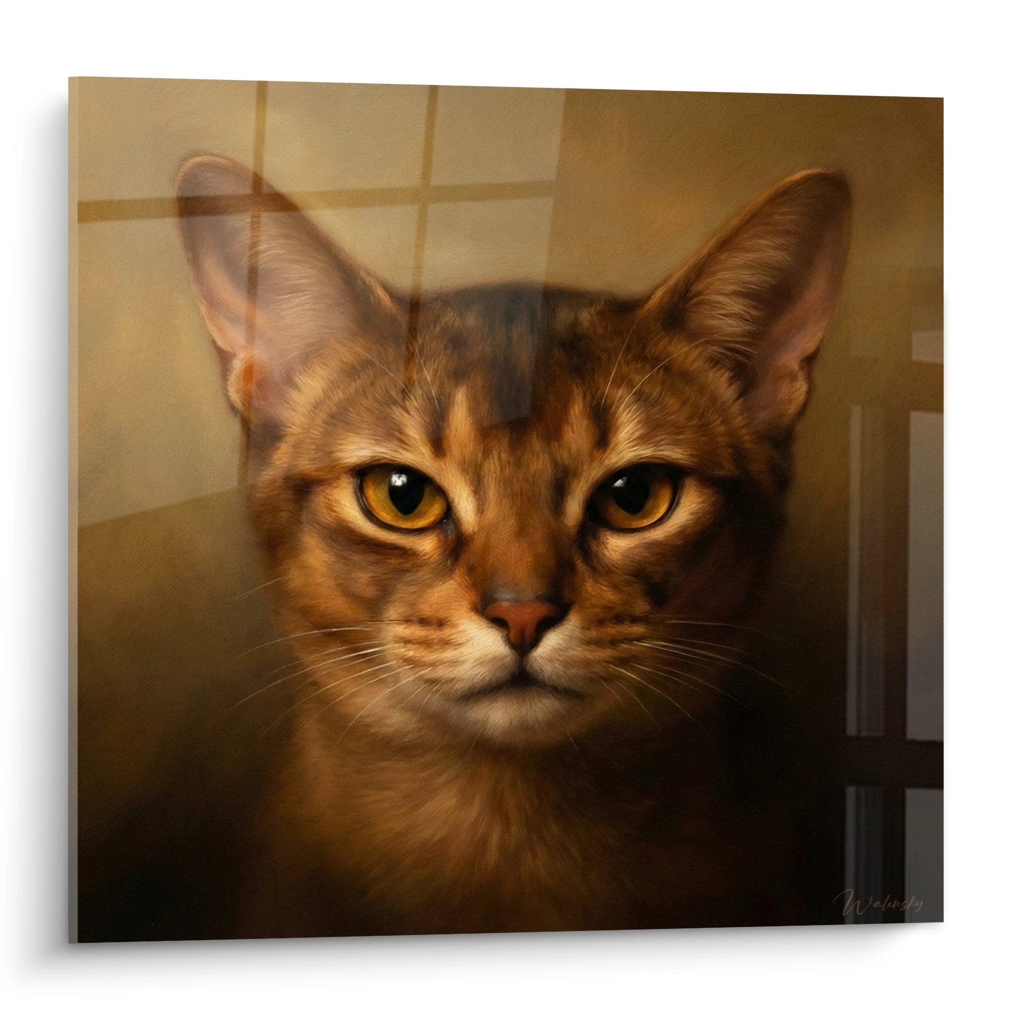 Ritratto realistico gatto Abissino con occhi dorati ambra su quadro murale decorazione interna felino