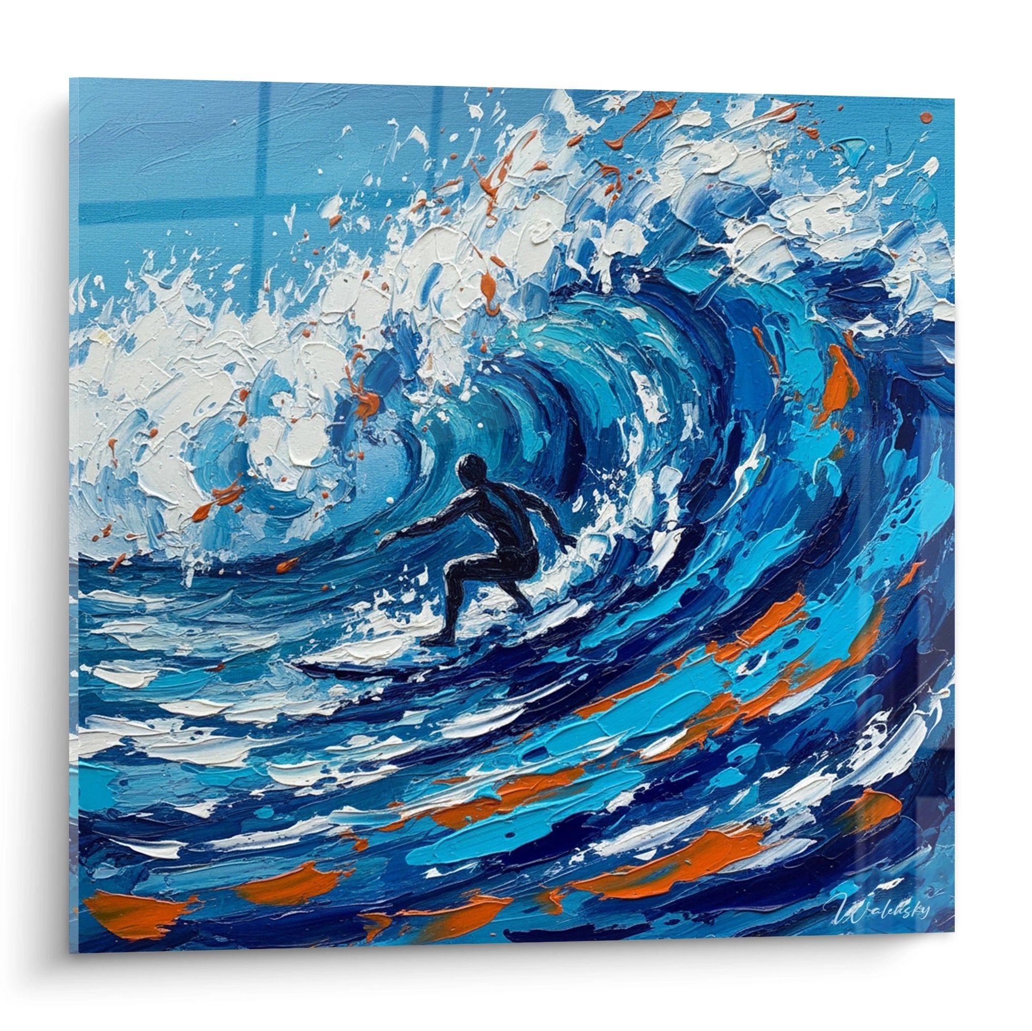 Tableau surf représentant un surfeur dans une vague bleue avec technique impasto et éclaboussures blanches
