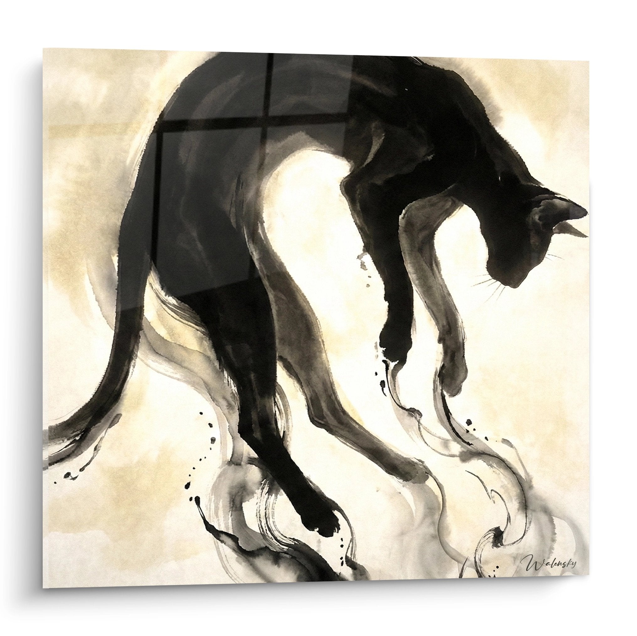 Quadro acquerello gatto nero elegante su sfondo beige, stile orientale minimalista per decorazione murale