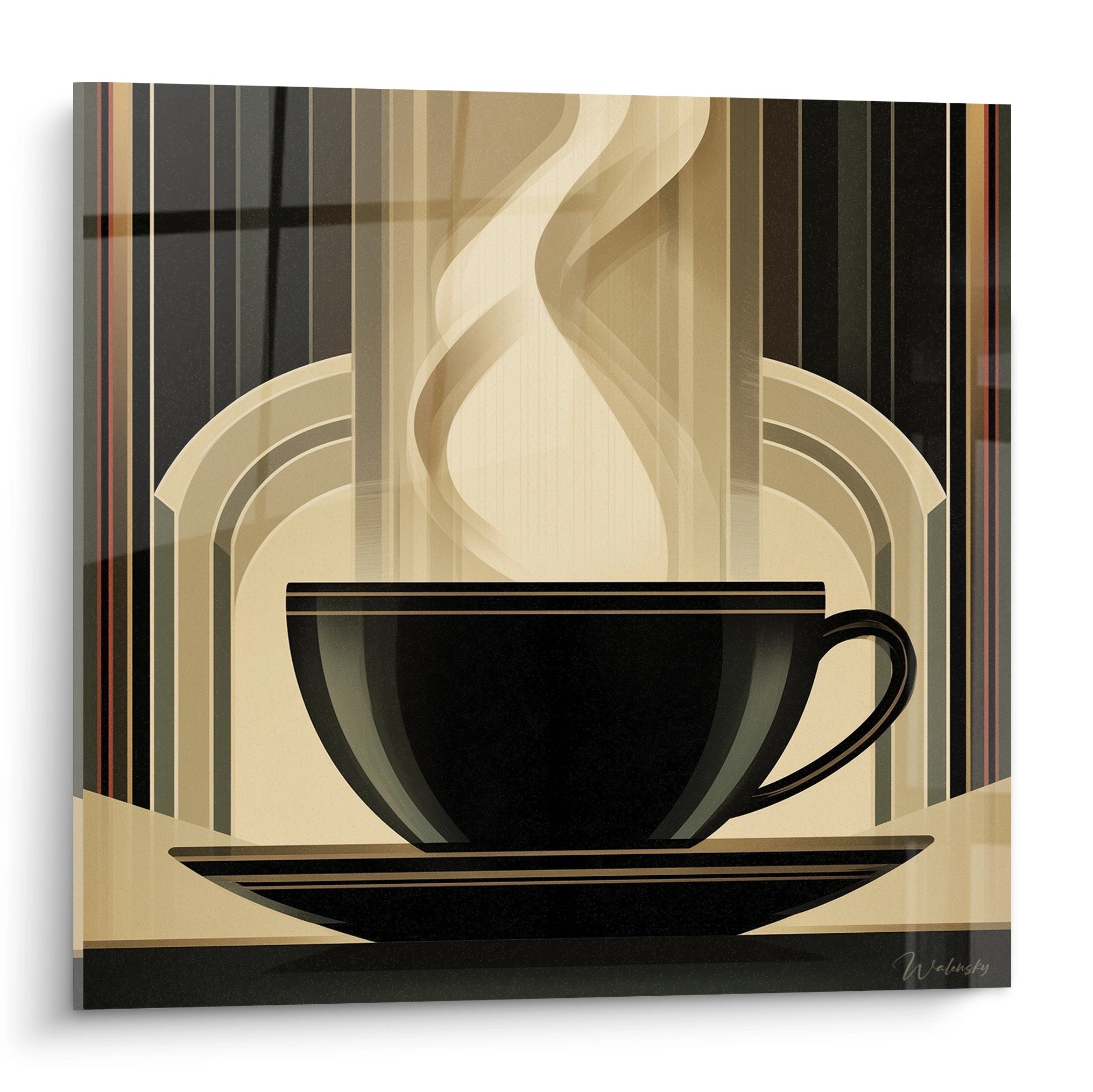 Tableau art deco tasse cafe noire vapeur fumante fond dore lignes geometriques decoration murale moderne
