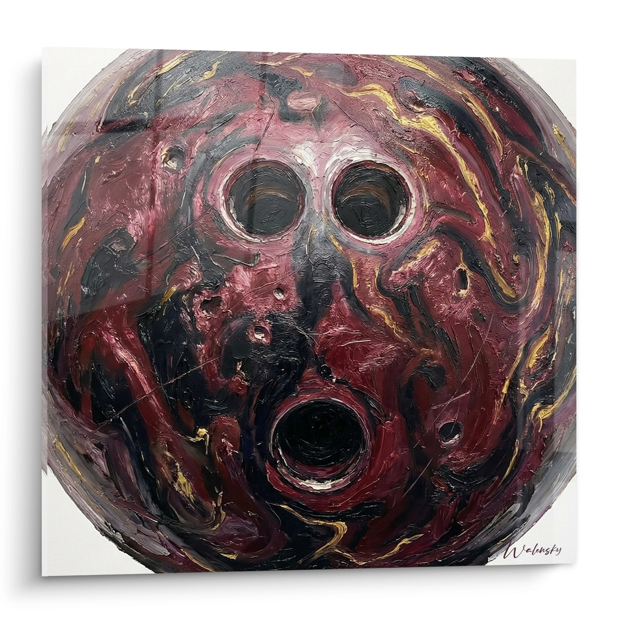 Modern artwork of a red bowling ball with thick texture and artistic swirling motion