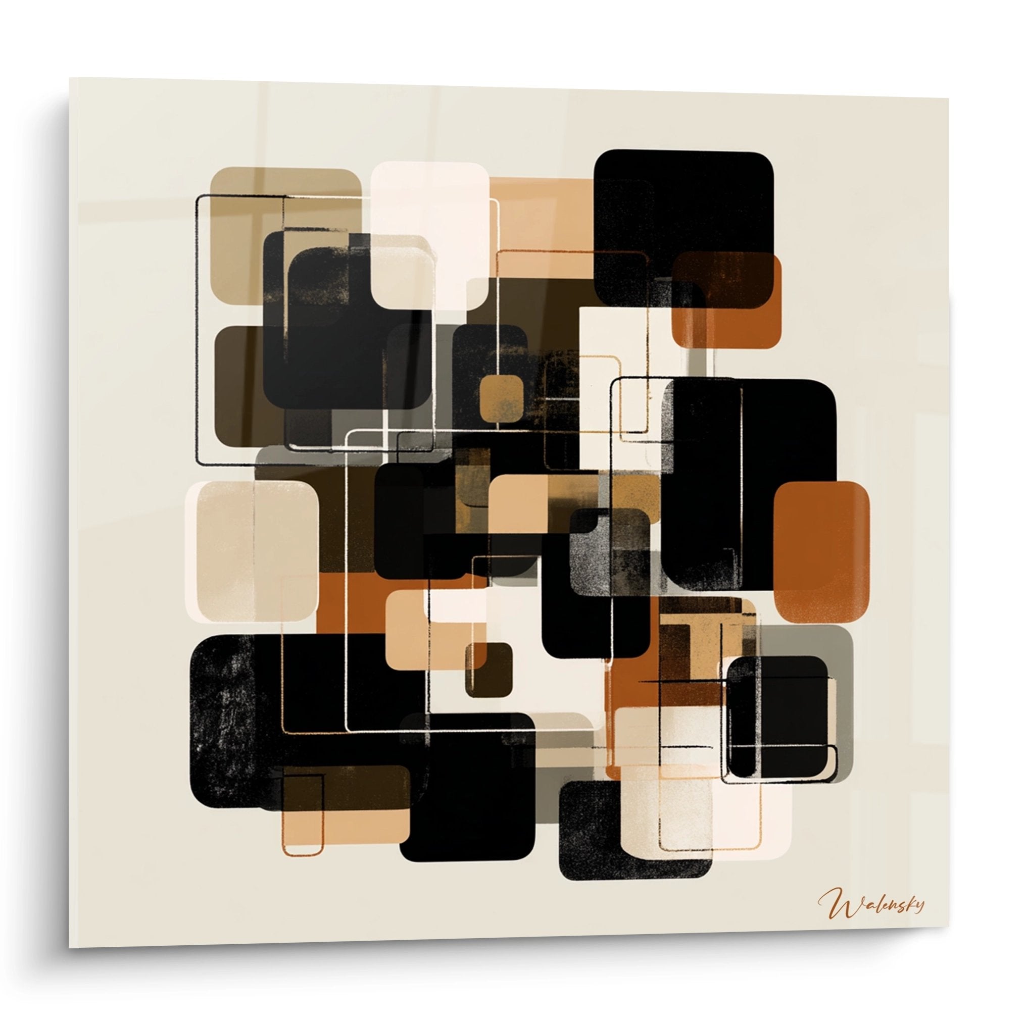 Modern artwork with abstract geometric shapes in earth tones and black on beige background, contemporary African style