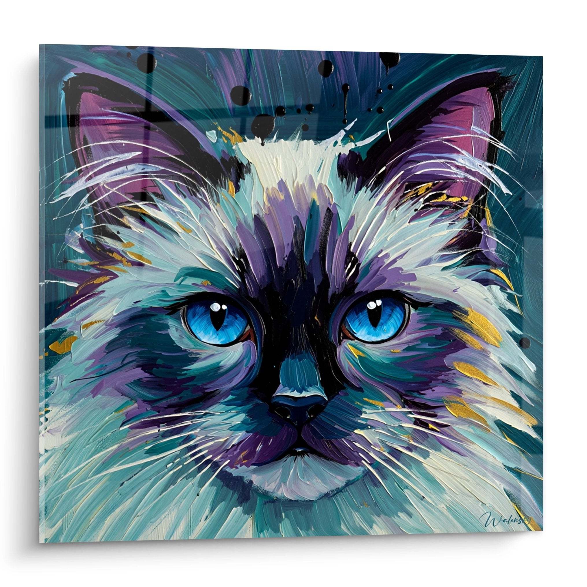 Modern Birman cat painting with blue eyes and expressive colorful art in blue purple white tones