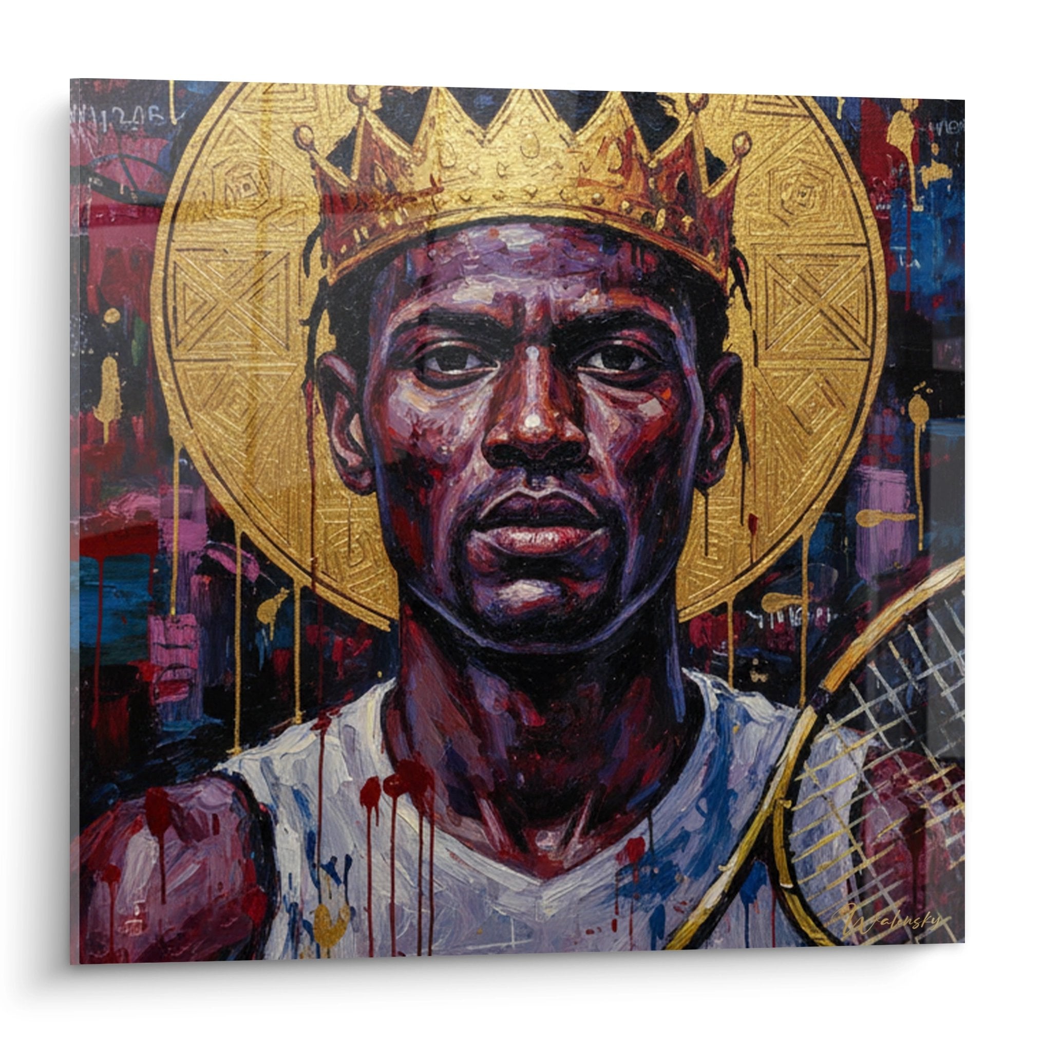 Tableau moderne représentant un joueur de tennis couronné avec halo doré et raquette, style artistique expressionniste