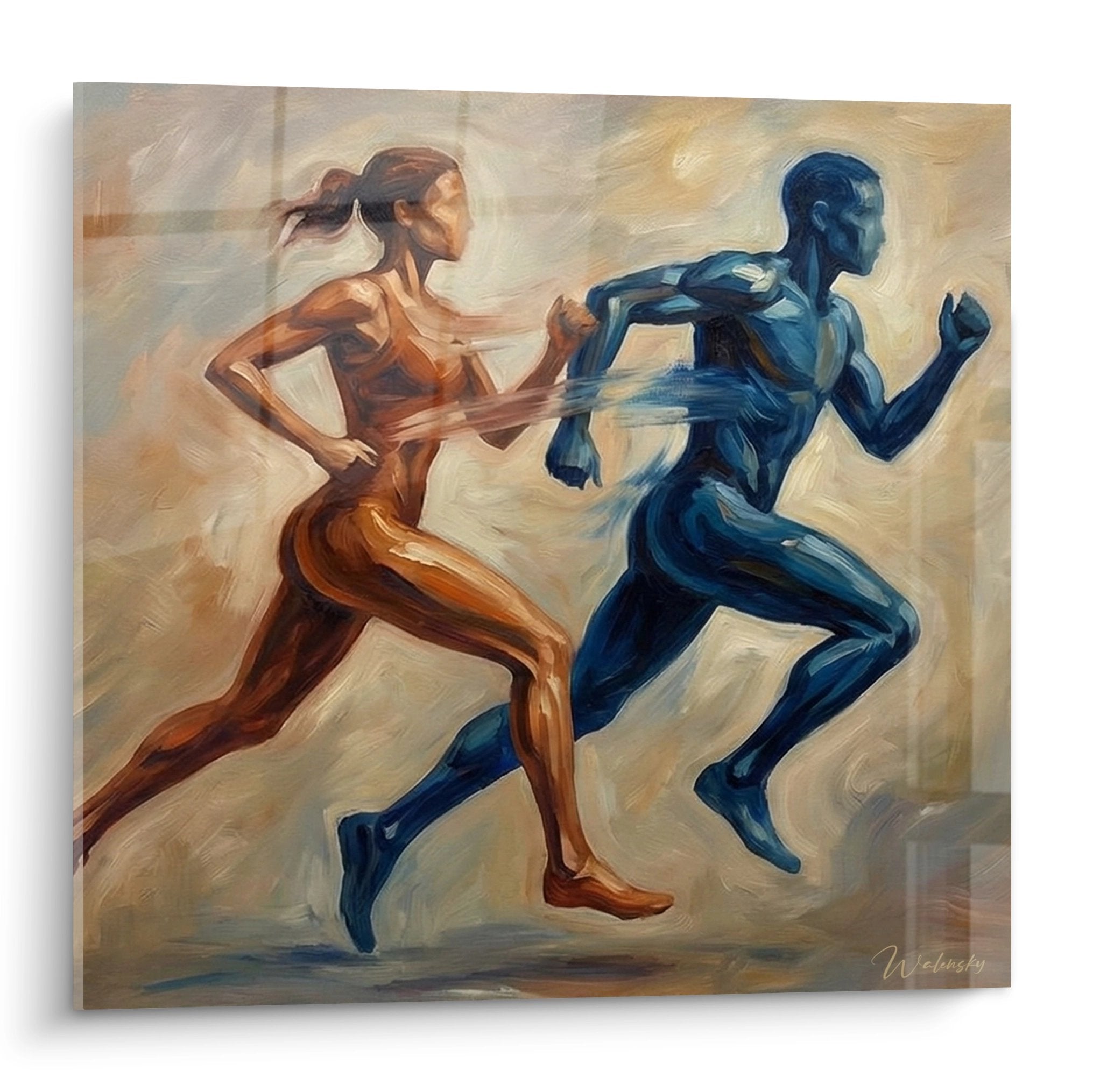 Tableau artistique représentant un couple de coureurs en mouvement, tons cuivrés et bleus, art mural course à pied