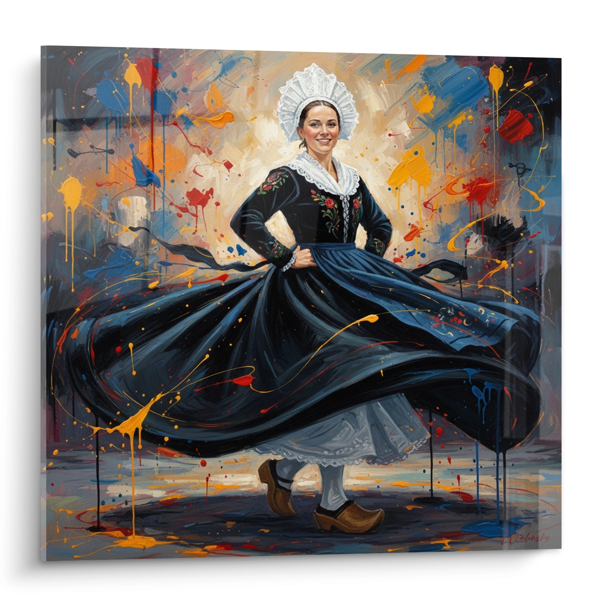 Tableau danseuse bretonne en costume traditionnel tourbillonnant dans explosion de couleurs vives