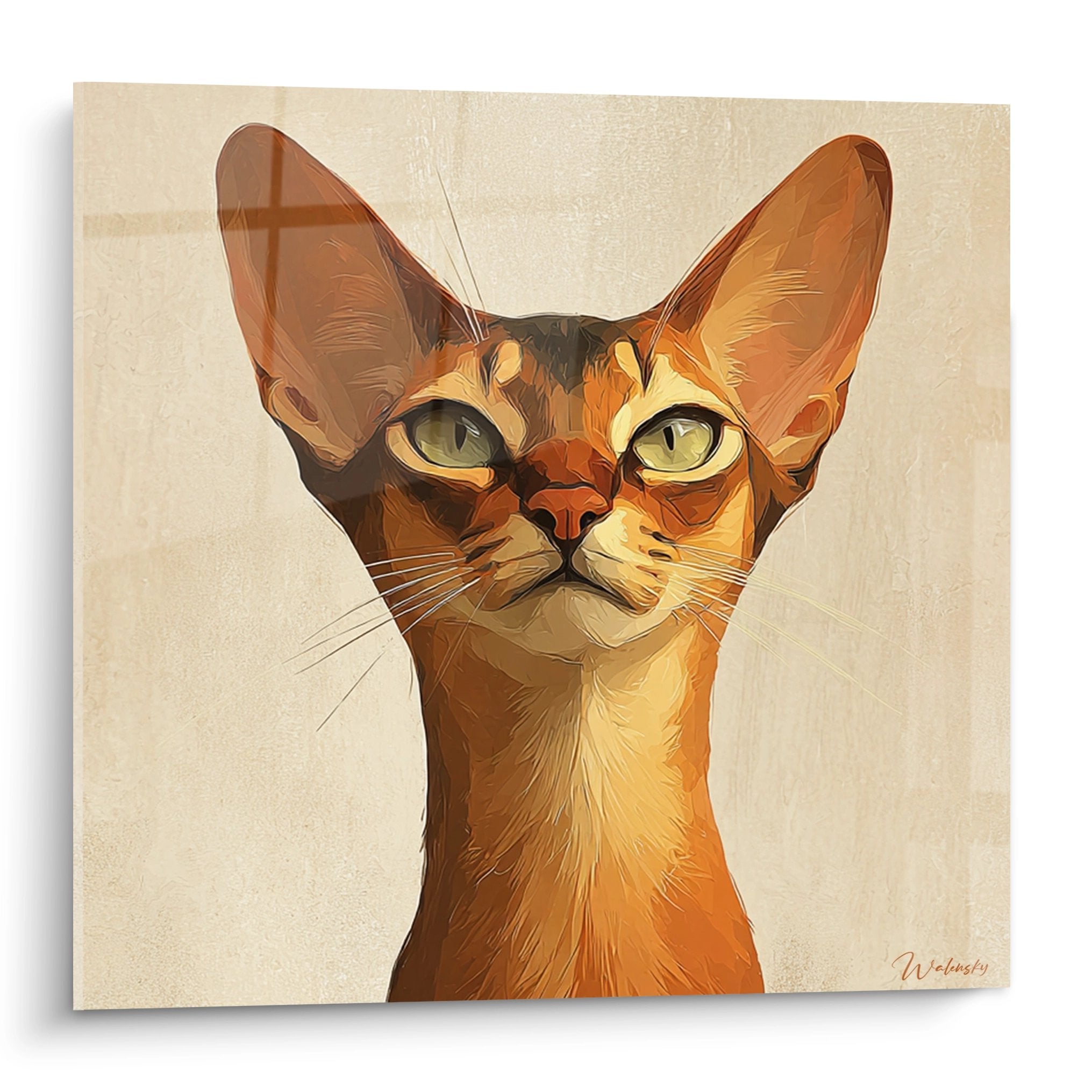 Quadro murale ritratto artistico gatto abissino con occhi dorati su sfondo beige stile contemporaneo