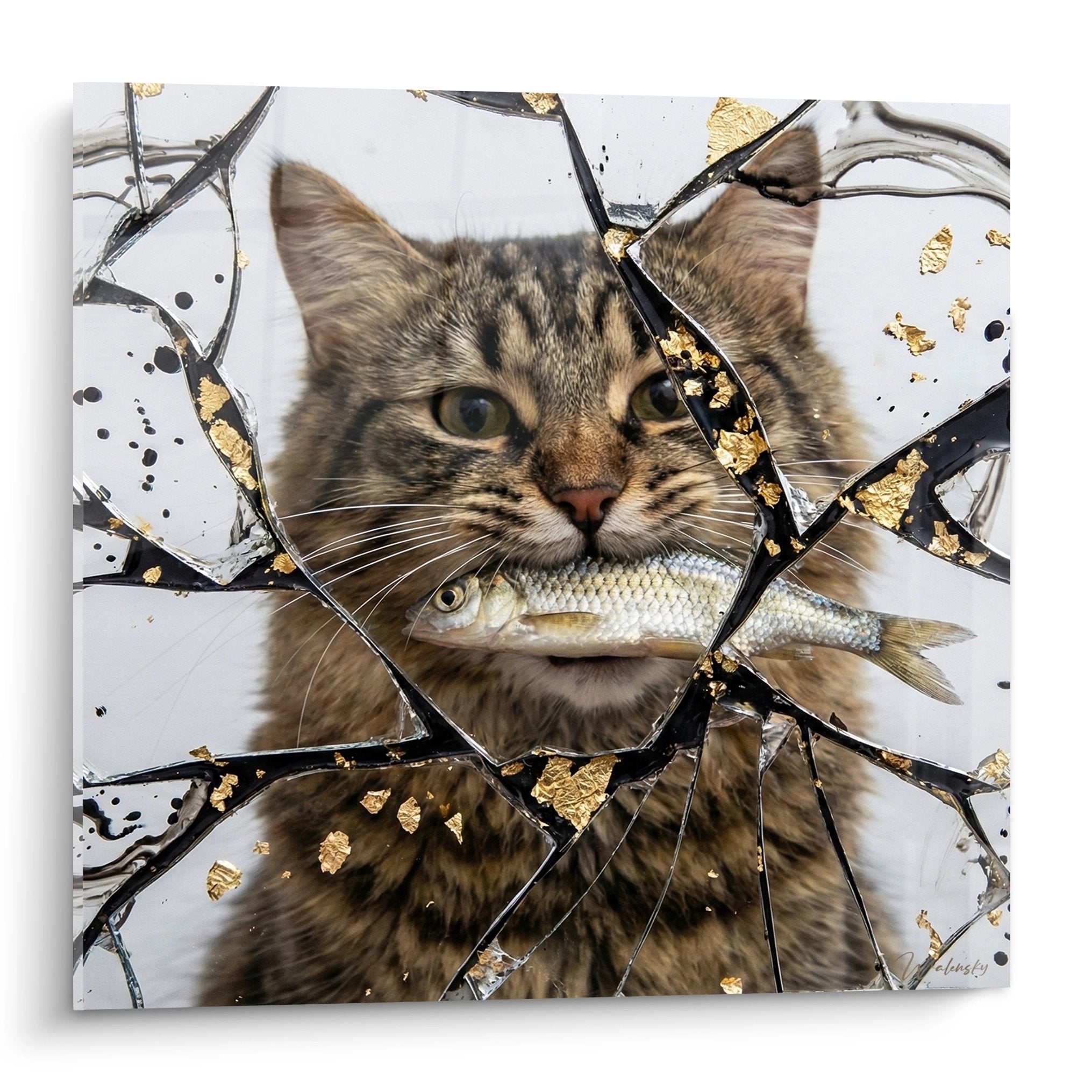 Kurilian Bobtail cat artistic wall art holding fish with broken mirror effect and golden reflections on white background