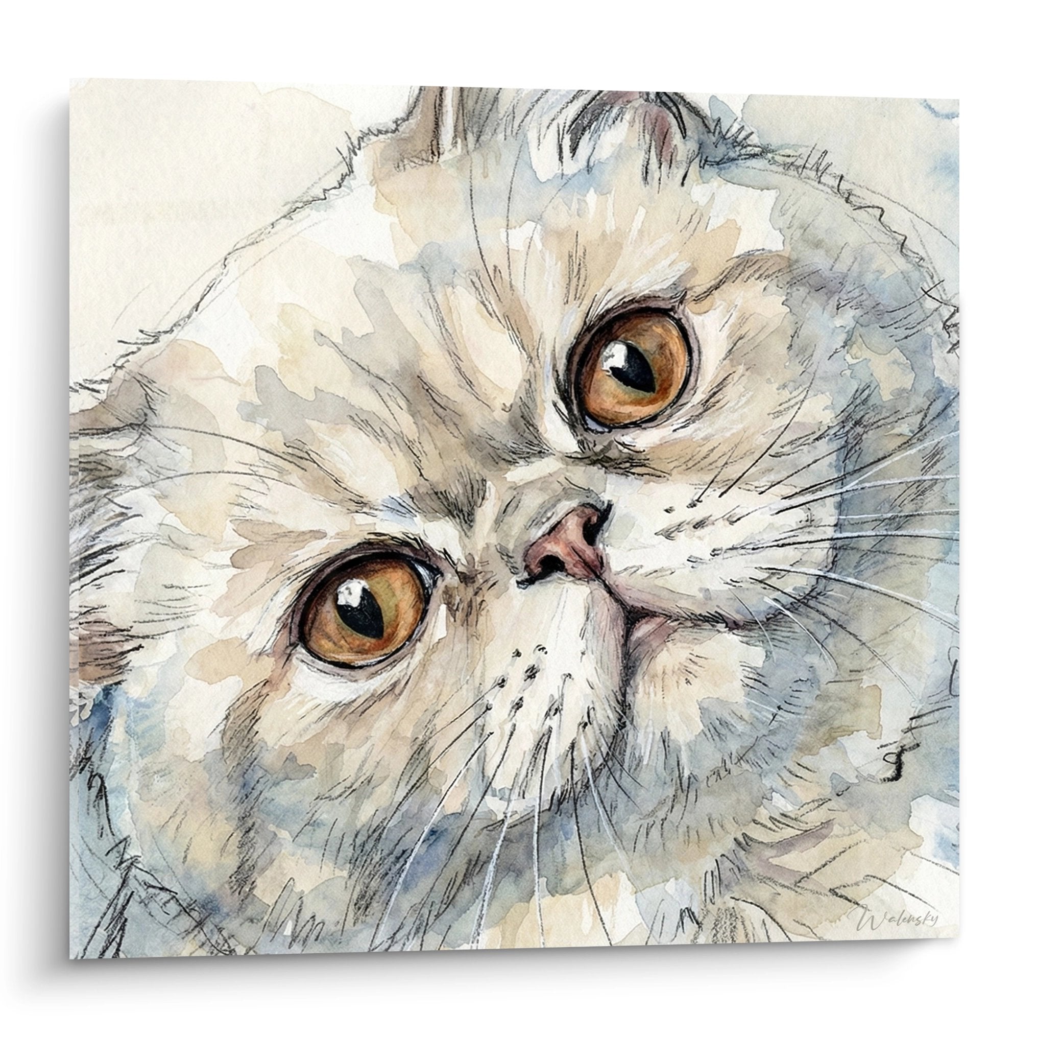 Aquarell-Porträt-Gemälde einer Exotic-Shorthair-Katze mit bernsteinfarbenen Augen, zarte Technik in Beige- und Cremetönen