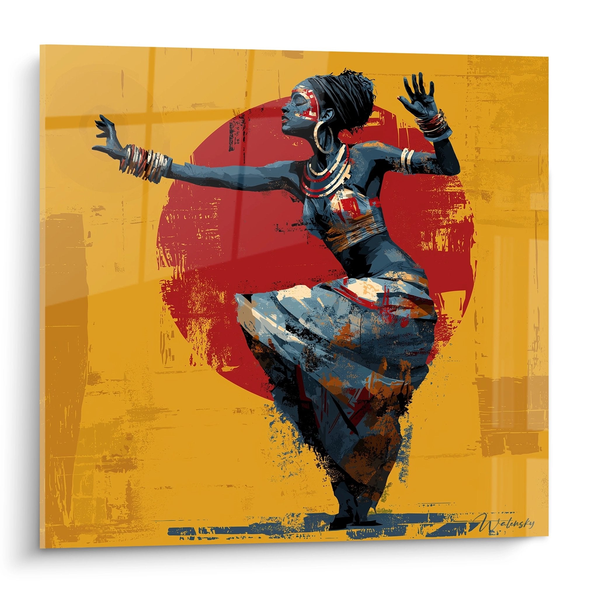 Quadro contemporaneo raffigurante una ballerina africana in movimento su fondo dorato e rosso