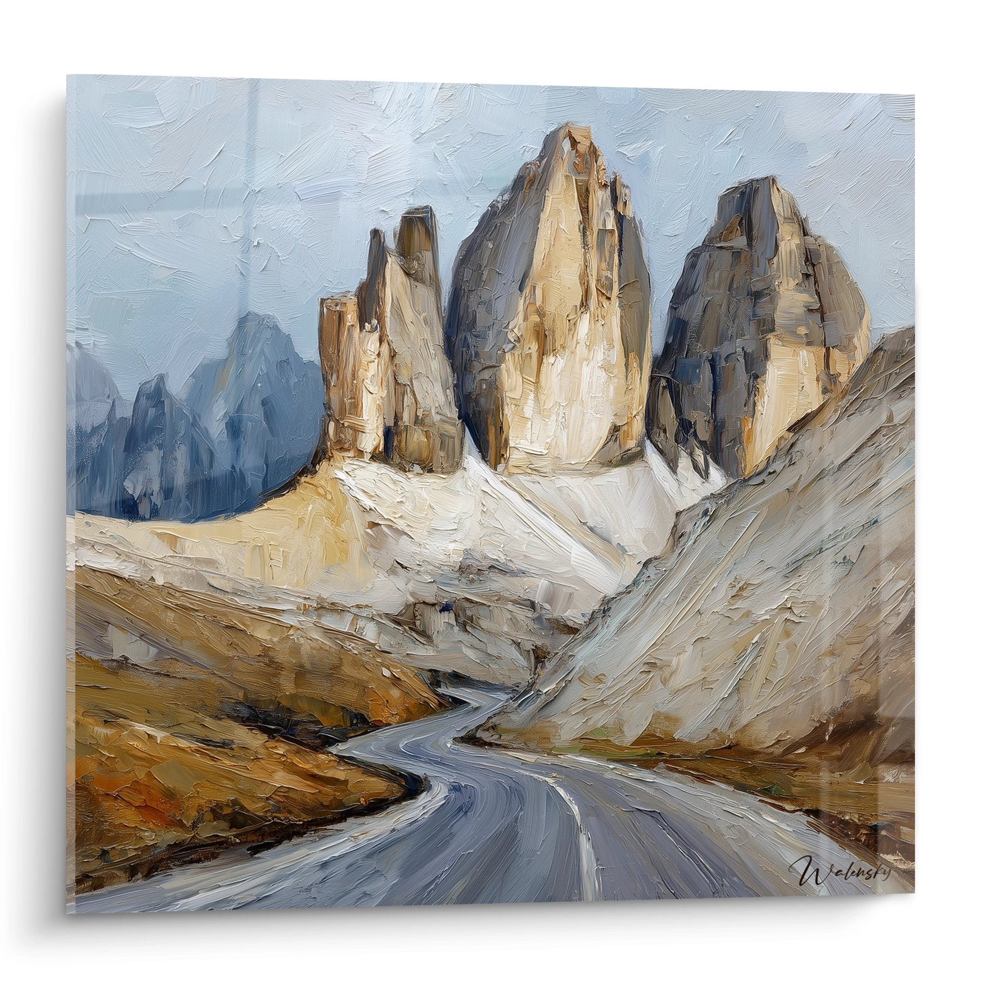 Dolomites painting artwork with winding road leading to rocky mountain peaks, impasto style, ochre and blue tones
