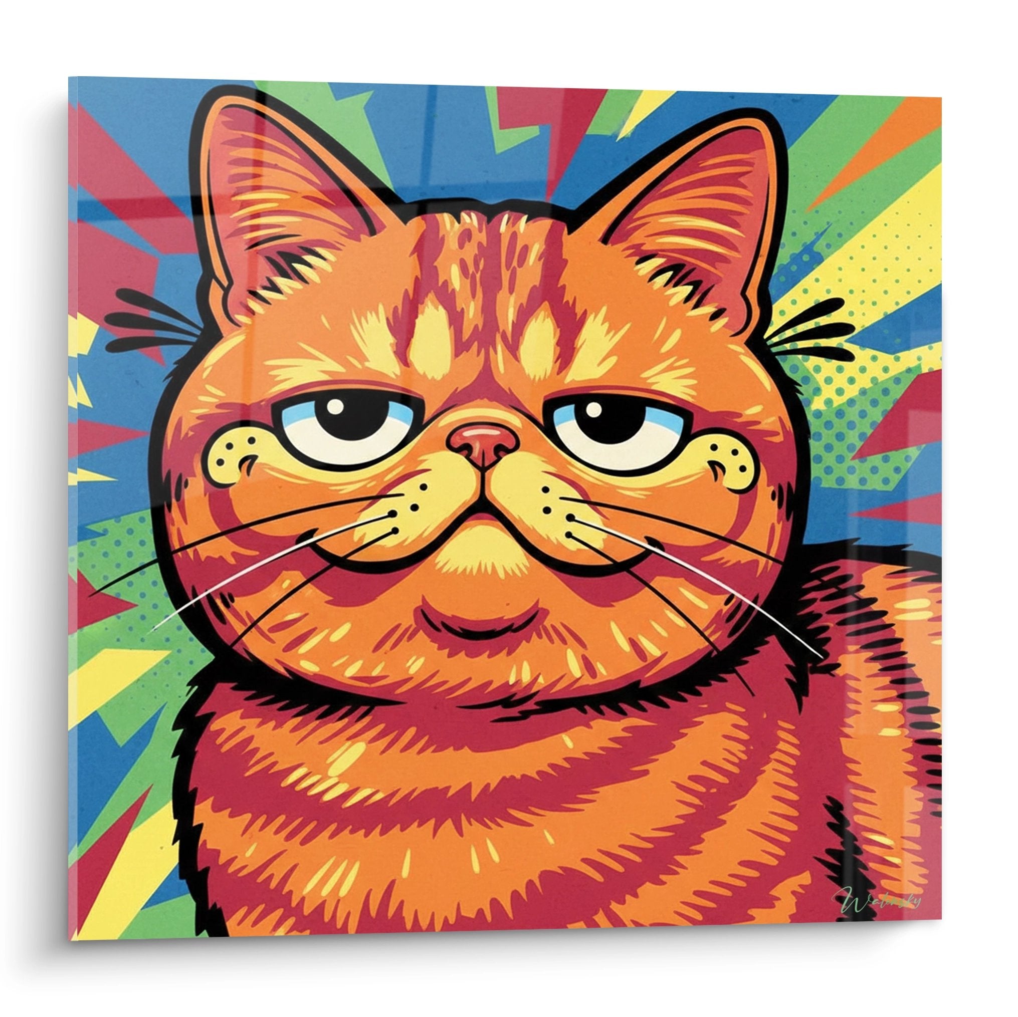 Pop-Art-Bild einer orange-roten Exotic-Shorthair-Katze auf geometrischem, farbigem Hintergrund im modernen Stil